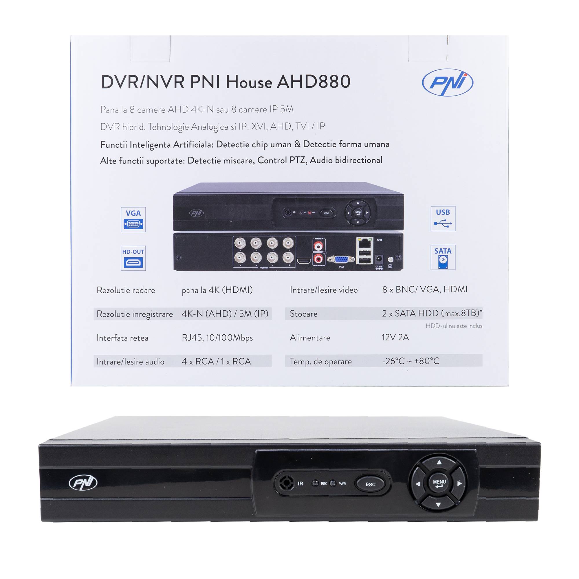 DVR/NVR PNI House AHD880, 8 analoge Kanäle 4K-N oder 8 IP-Kanäle 5MP, H265+, Audioeingang, Audioausgang, USB2.0, 2 x SATA max 8TB