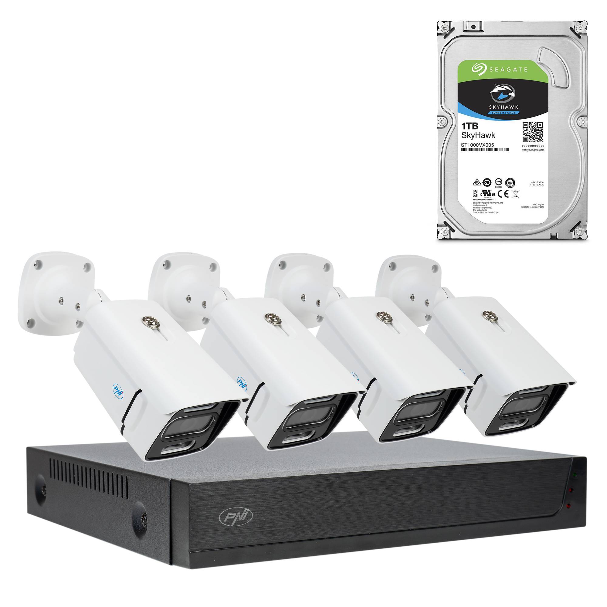 PNI House IPMAX POE 3 Videoüberwachungskit, NVR mit 4 POE-Ports, ONVIF und 4 Kameras mit IP 3MP, Outdoor, Power over Ethernet, Chiperkennung