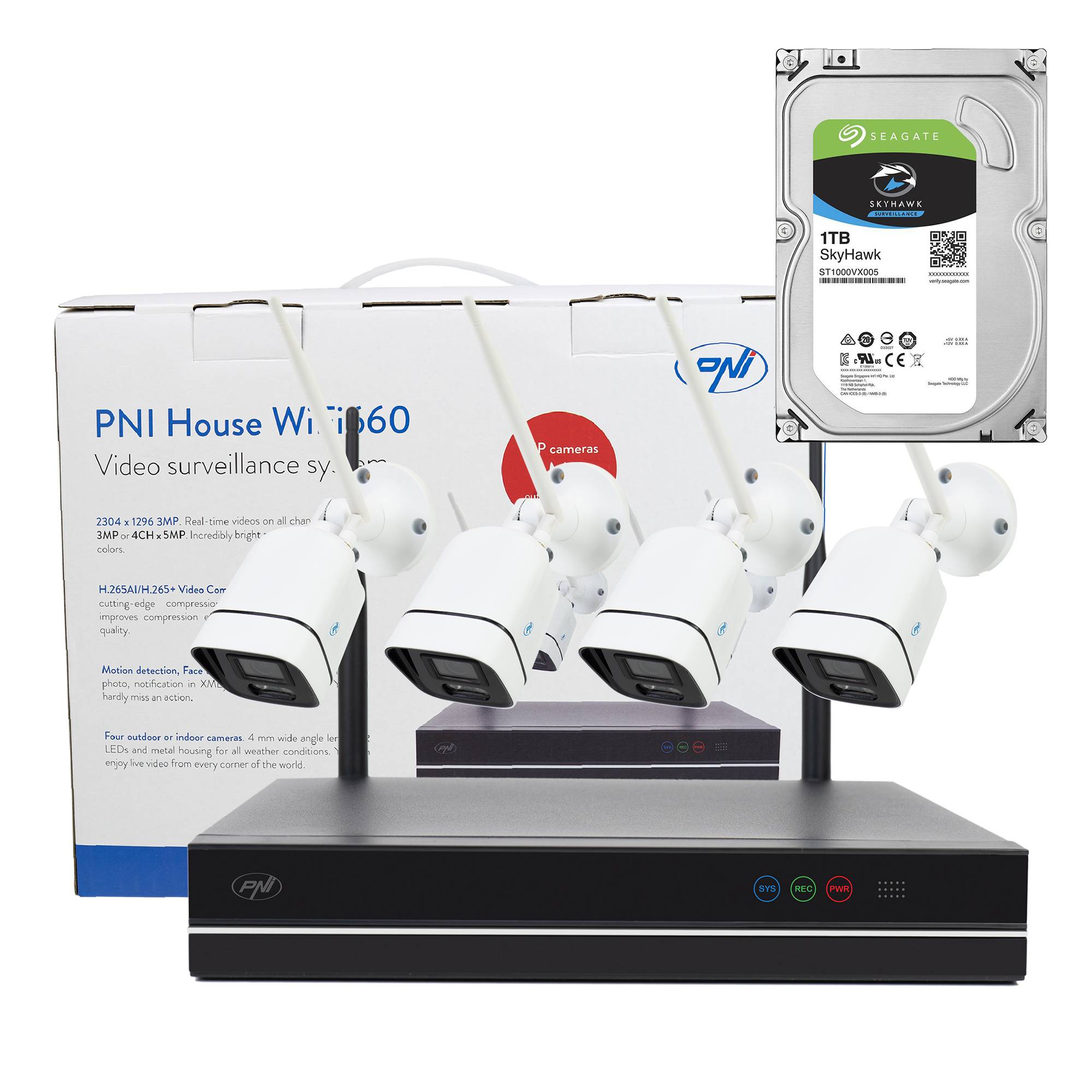 PNI House WiFi660 NVR 8-Kanal-Videoüberwachungskit mit 4 drahtlosen Außenkameras 3MP, P2P, IP66