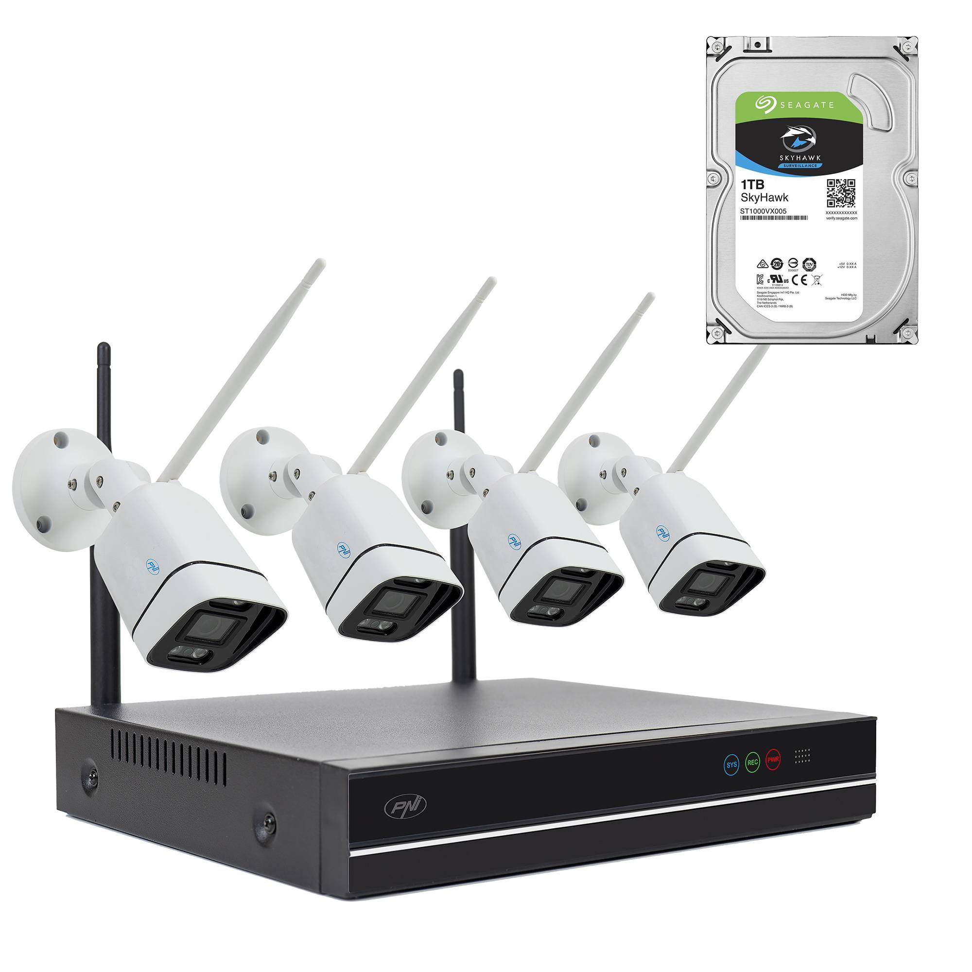 PNI House WiFi660 NVR 8-Kanal-Videoüberwachungskit mit 4 drahtlosen Außenkameras 3MP, P2P, IP66
