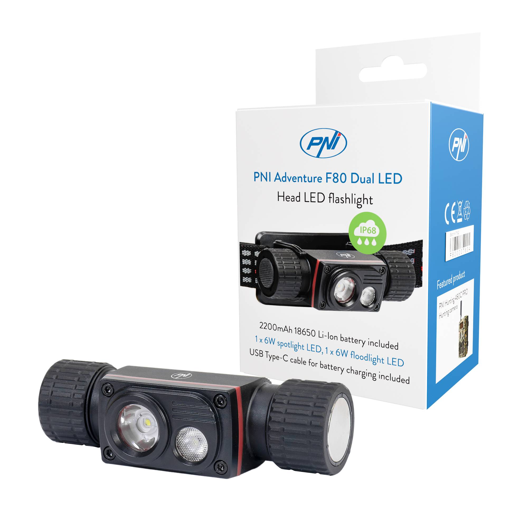 PNI Adventure F80 Dual-LED-Stirnlampe, 1000 lm, 6 W, 2200 mAh, IP68
