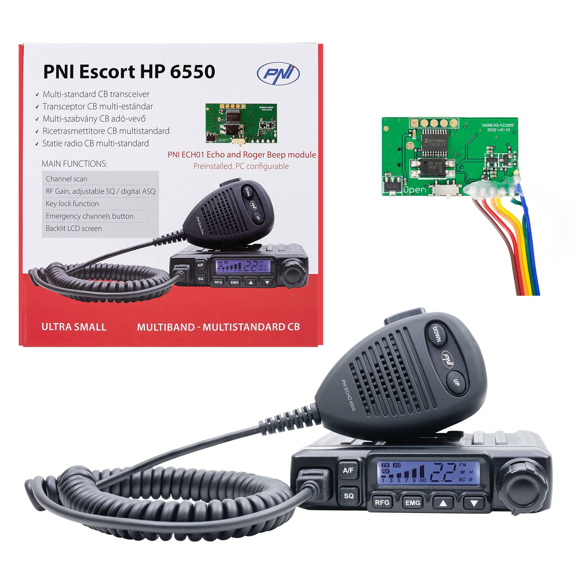 CB PNI Escort HP 6550 CB-Radiosender mit installiertem PNI ECH01, Multistandard, 4 W, AM-FM, 12 V, ASQ, mit Echomodus
