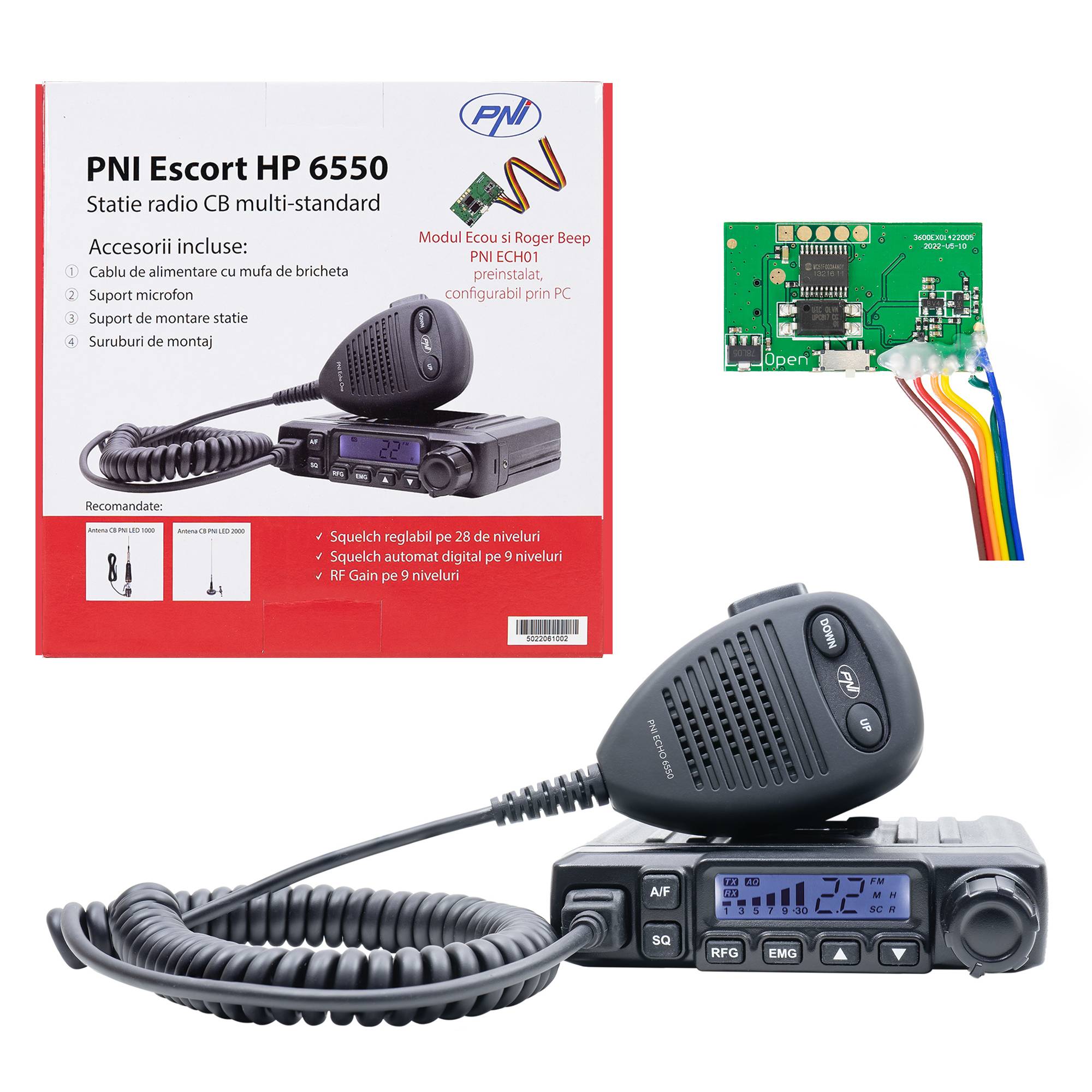 CB PNI Escort HP 6550 CB-Radiosender mit installiertem PNI ECH01, Multistandard, 4 W, AM-FM, 12 V, ASQ, mit Echomodus