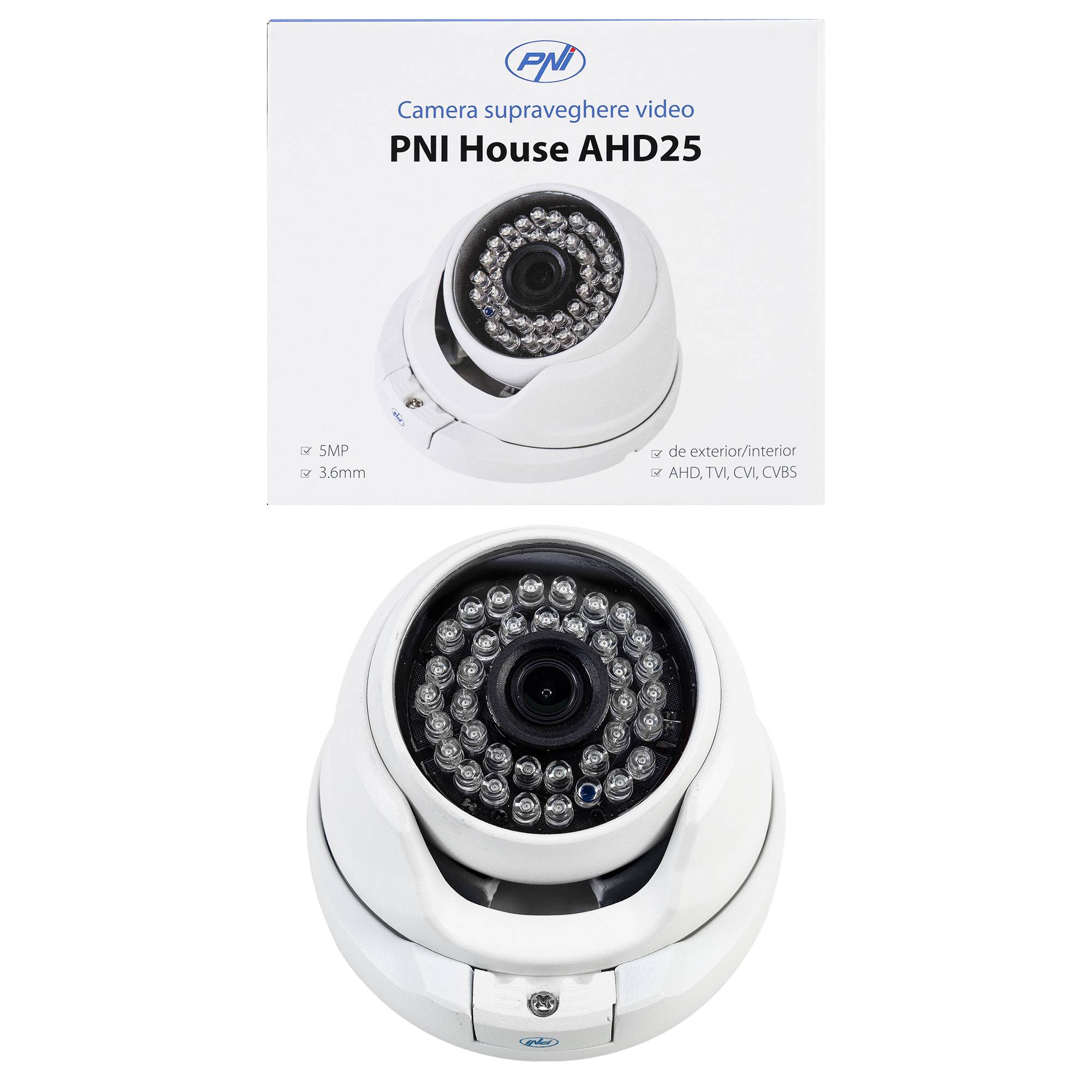 PNI House AHD25 5MP Videoüberwachungskamera, Kuppel, 3,6-mm-Objektiv, 36 IR-LEDs, Außen- oder Innenbereich, IP66