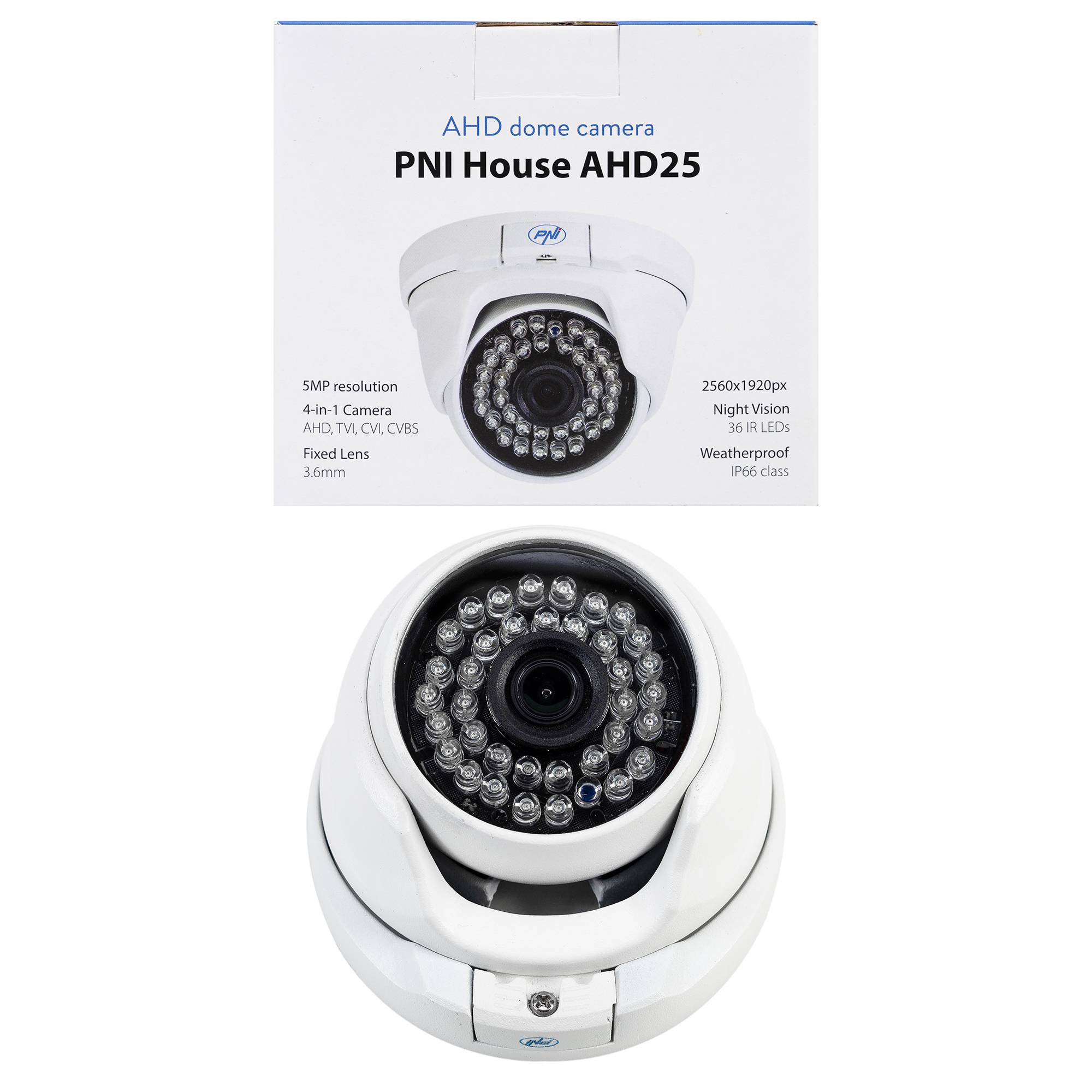 PNI House AHD25 5MP Videoüberwachungskamera, Kuppel, 3,6-mm-Objektiv, 36 IR-LEDs, Außen- oder Innenbereich, IP66