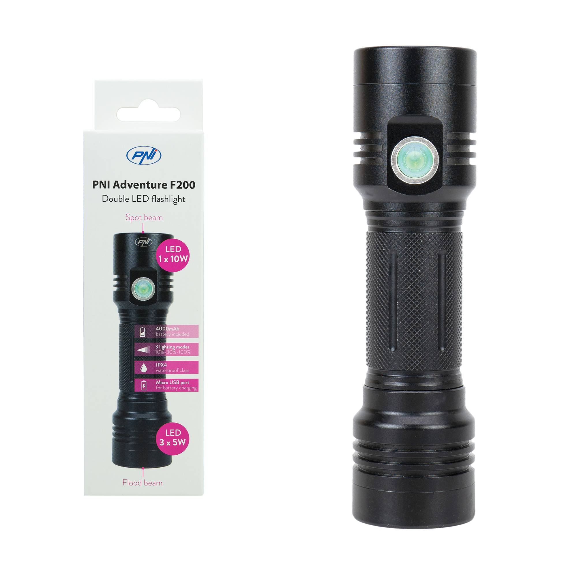 Aluminium PNI Adventure F200 Dual-LED-Taschenlampe, 4000-mAh-Akku und Micro-USB-Anschluss, 3 LEDs mit großer Blende und eine mit Fokus, beide haben