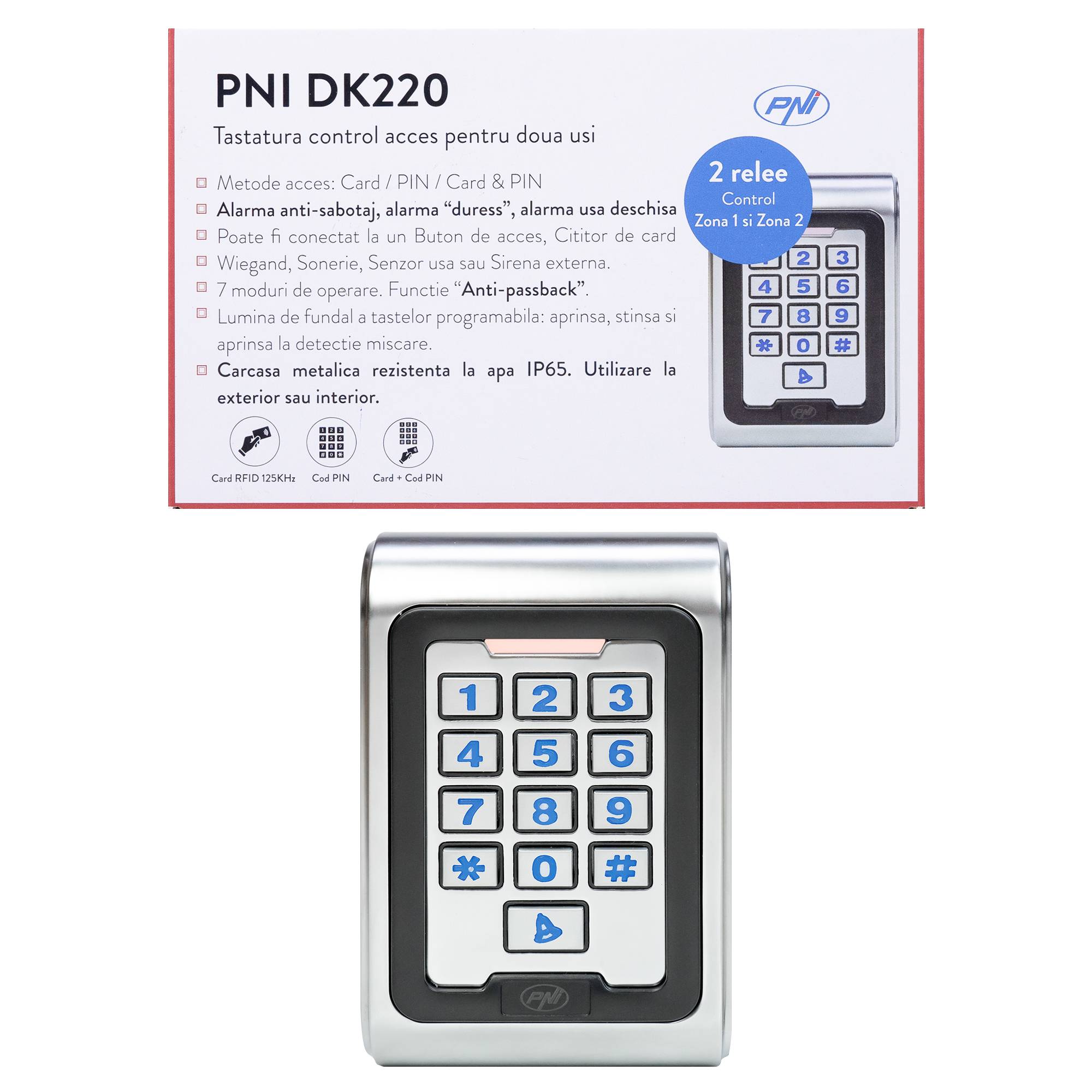Zutrittskontrolltastatur PNI DK220, Standalone, außen und innen, IP65, mit 2 Relais