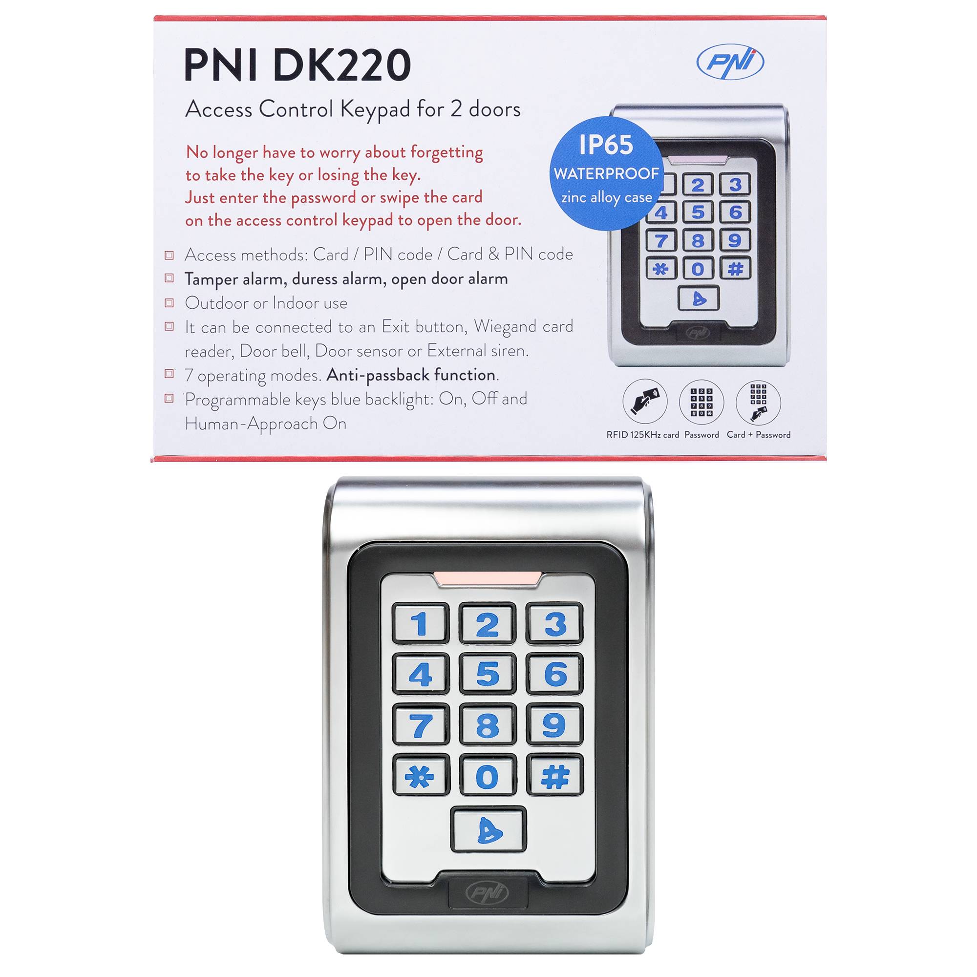 Zutrittskontrolltastatur PNI DK220, Standalone, außen und innen, IP65, mit 2 Relais