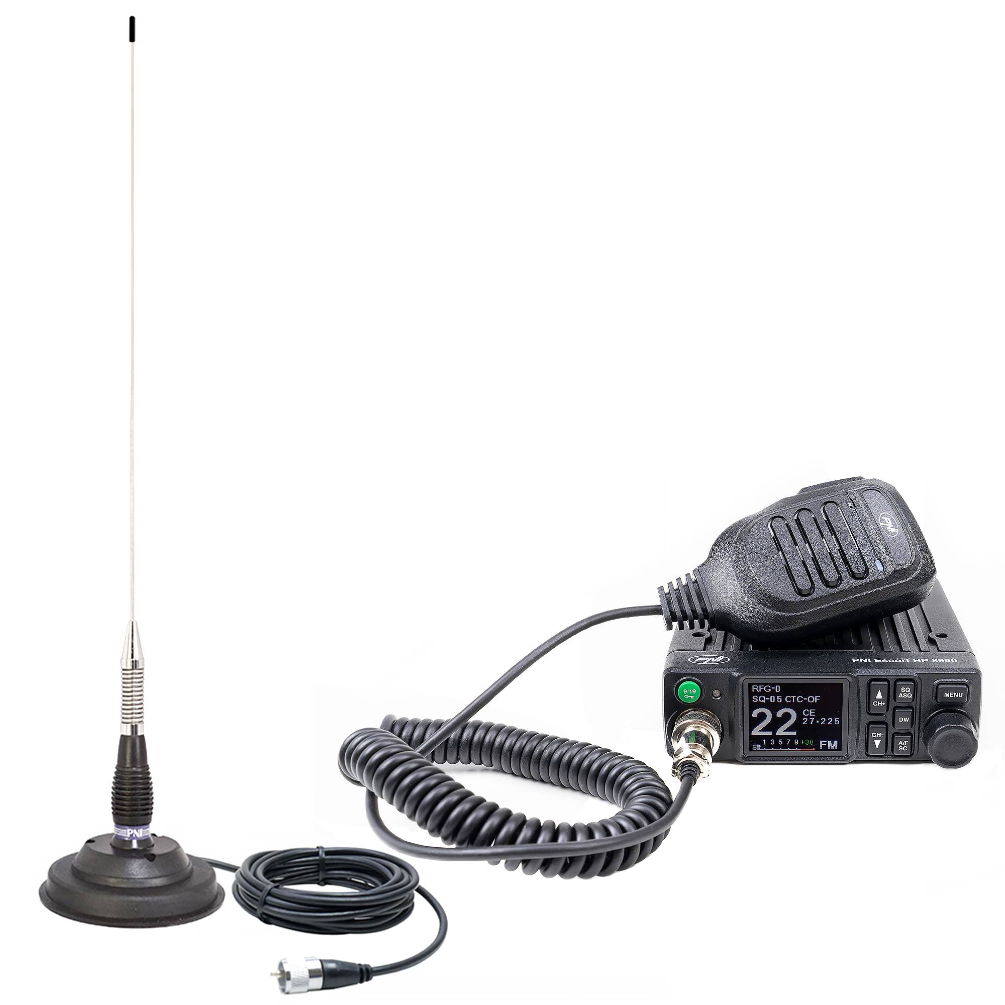 CB PNI Escort HP 8900 ASQ Radio Station Package, 12-24 V + CB PNI ML100 Antenne mit Magnetfuß, 12 V / 24 V Stromversorgung, HF-Verstärkung, Roger Be