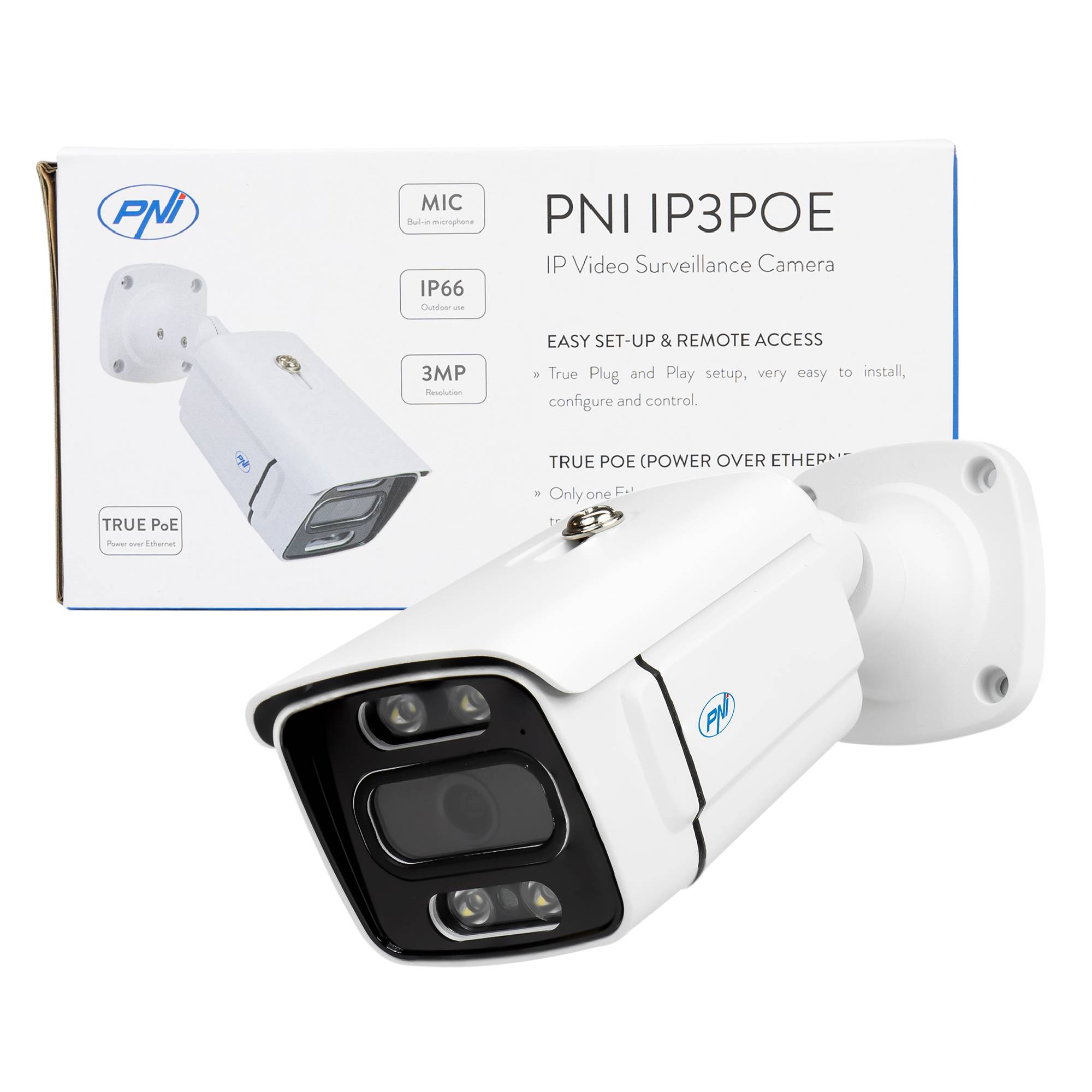 PNI IP3POE Videoüberwachungskamera mit IP, 3MP, Outdoor IP66, eingebautem Mikrofon, kompatibel mit dem POE Überwachungssystem PNI House IPMAX POE