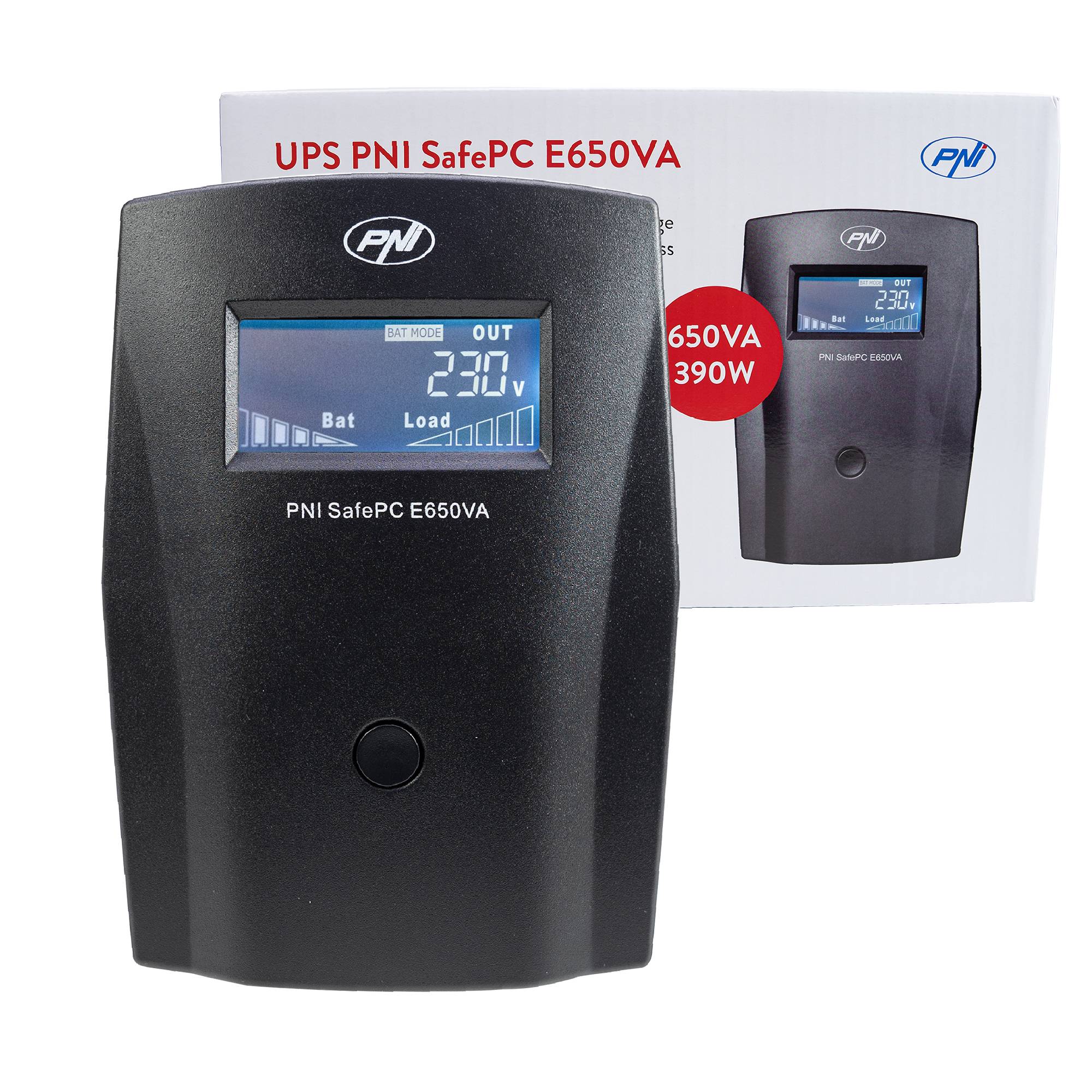 USV PNI SafePC E650VA, Leistung 390 W, 1,8 A, Ausgang 2 x 230 V, LCD-Bildschirm, Batterie 7,2 A im Lieferumfang enthalten
