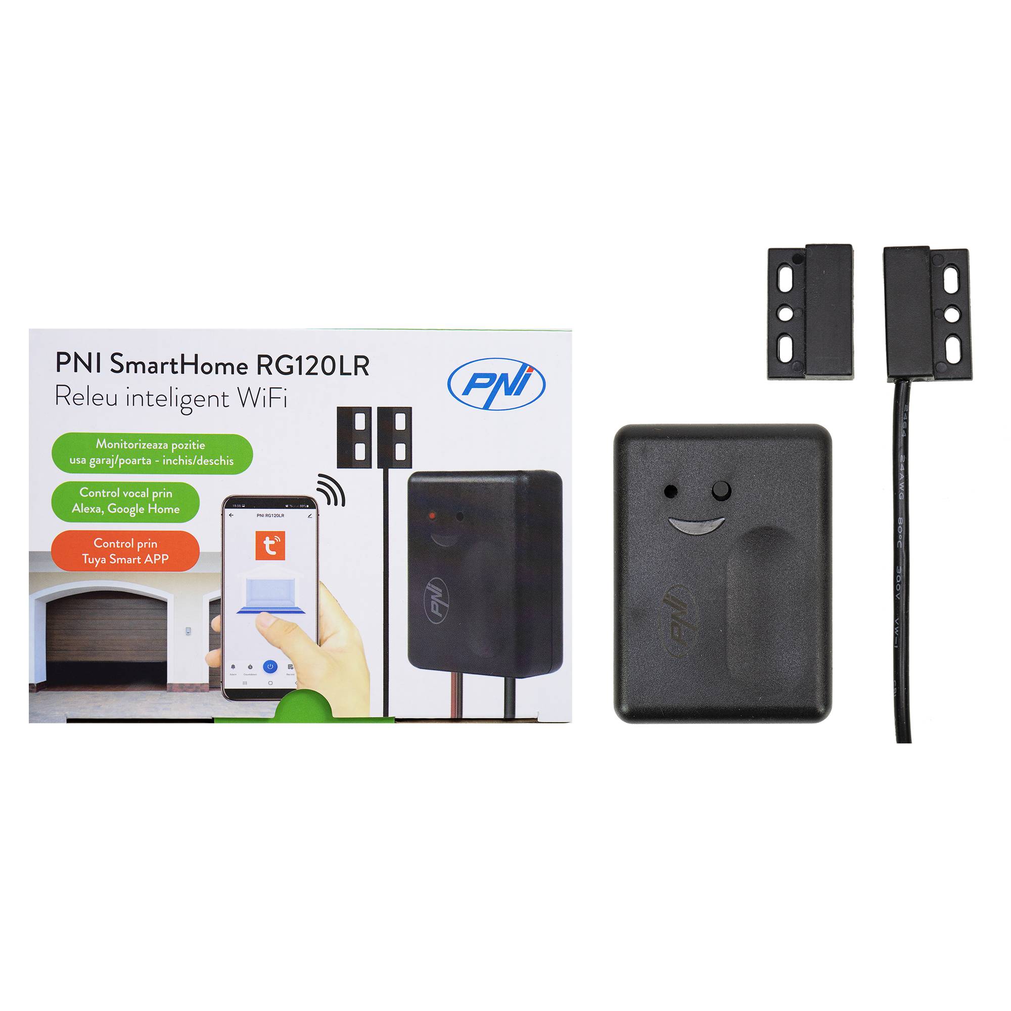 PNI SmartHome RG120LR WiFi-Smart-Relais für internetgesteuerte Garagentor- / Toröffnungsbefehle mit Tuya Smart App, kompatibel mit Amazon Alexa und