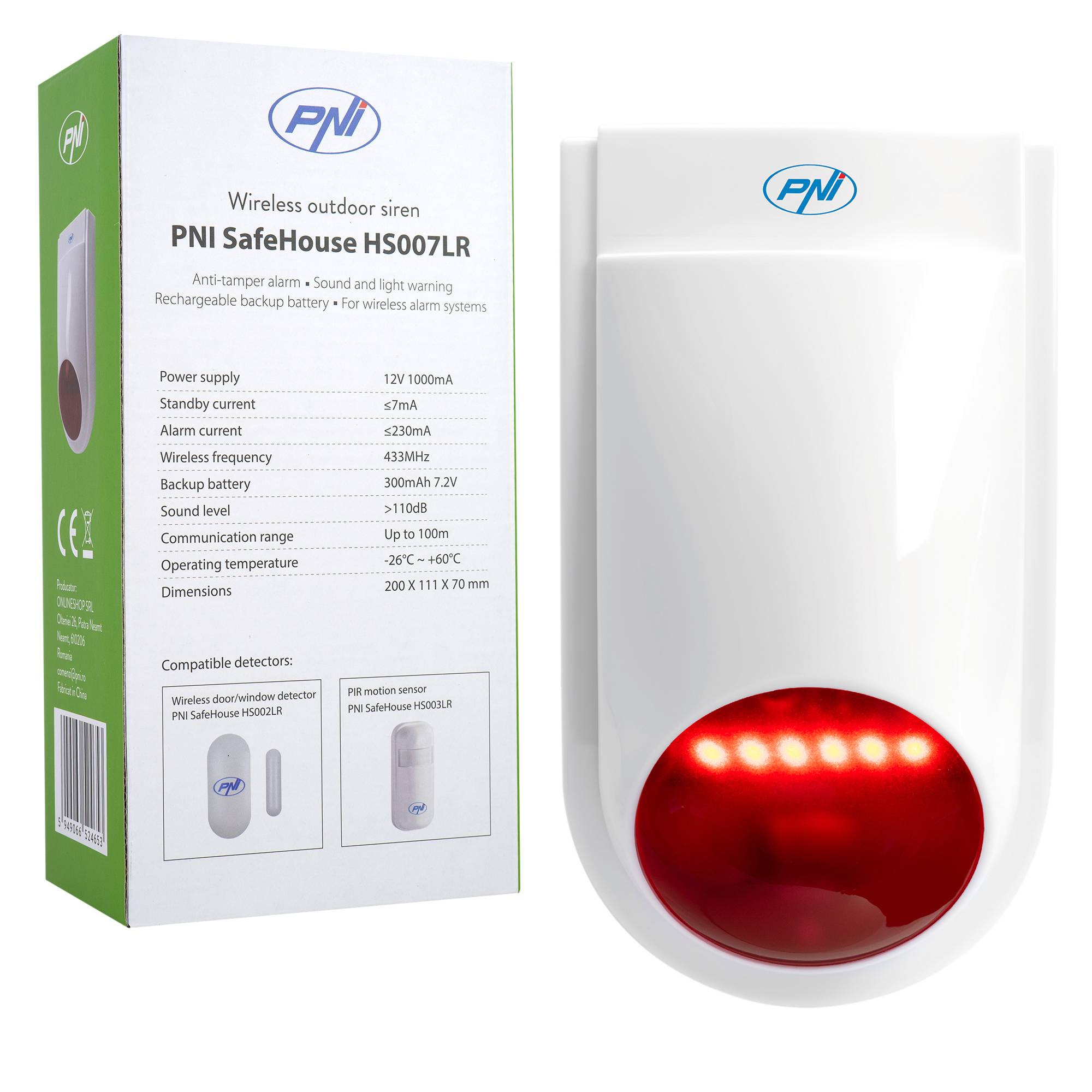 PNI SafeHouse HS007LR Funk-Außensirene, mit Batterie und Netzteil, für PNI HS600 und HS650 Funkalarmsysteme