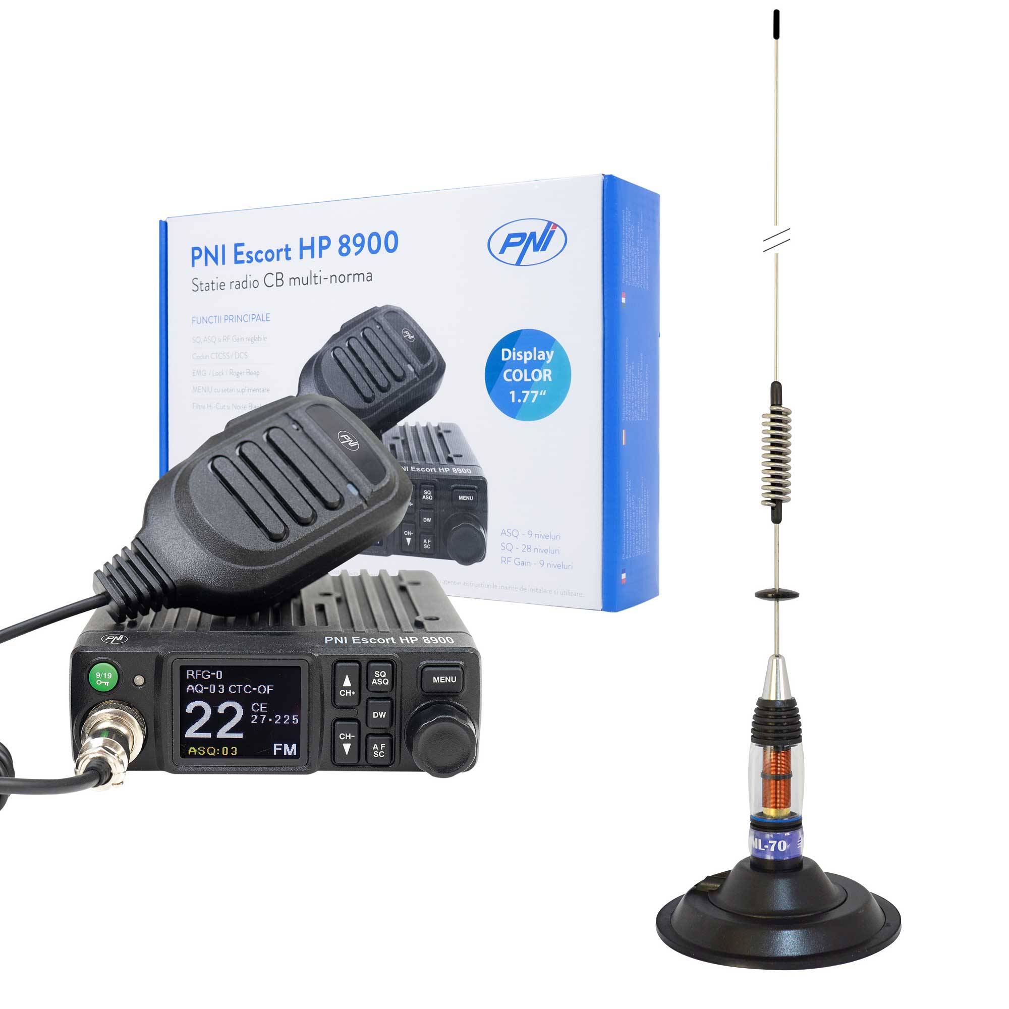 CB PNI Escort HP 8900 ASQ Radio Station Package, 12-24V + CB PNI ML70 Antenne, 70 cm mit 145 mm Magnetfuß inklusive