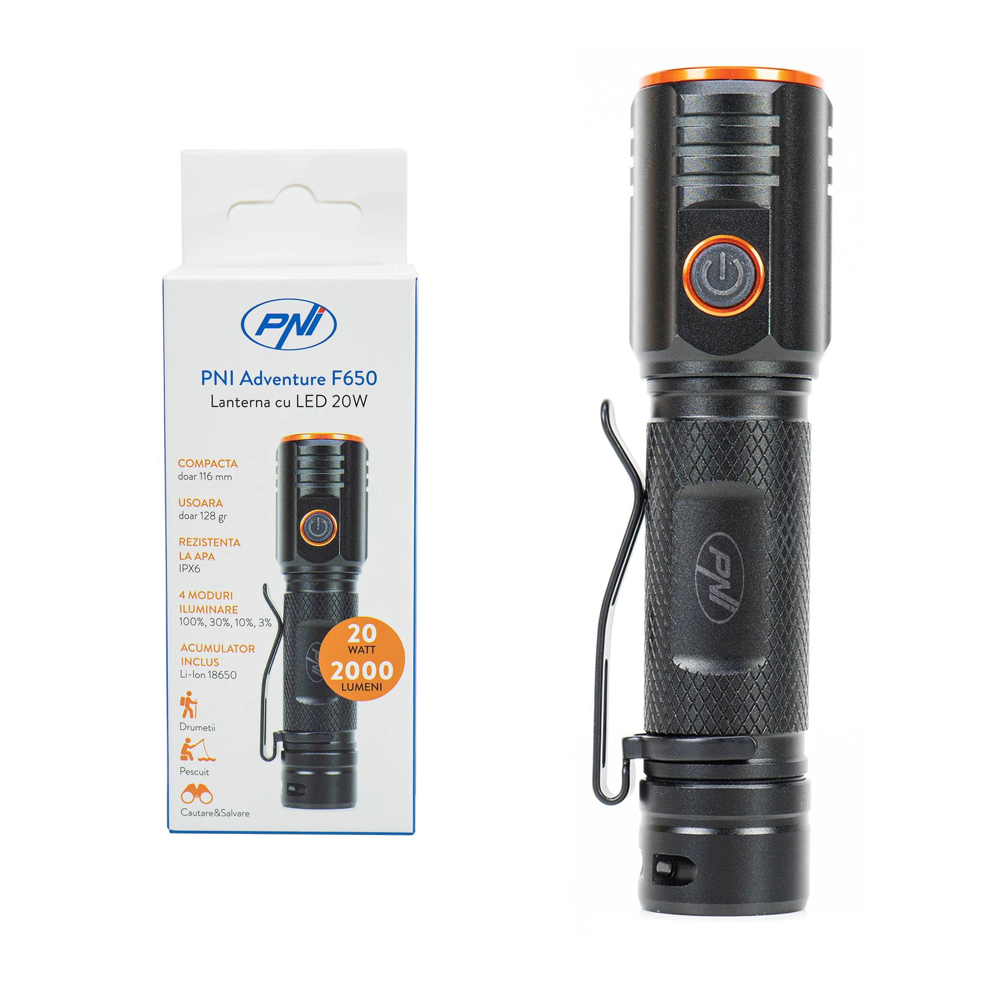 PNI Adventure F650 LED-Taschenlampe mit 20W LED, 2000lm, Aluminium, IPX6, Akku enthalten, USB-C-Ladefunktion