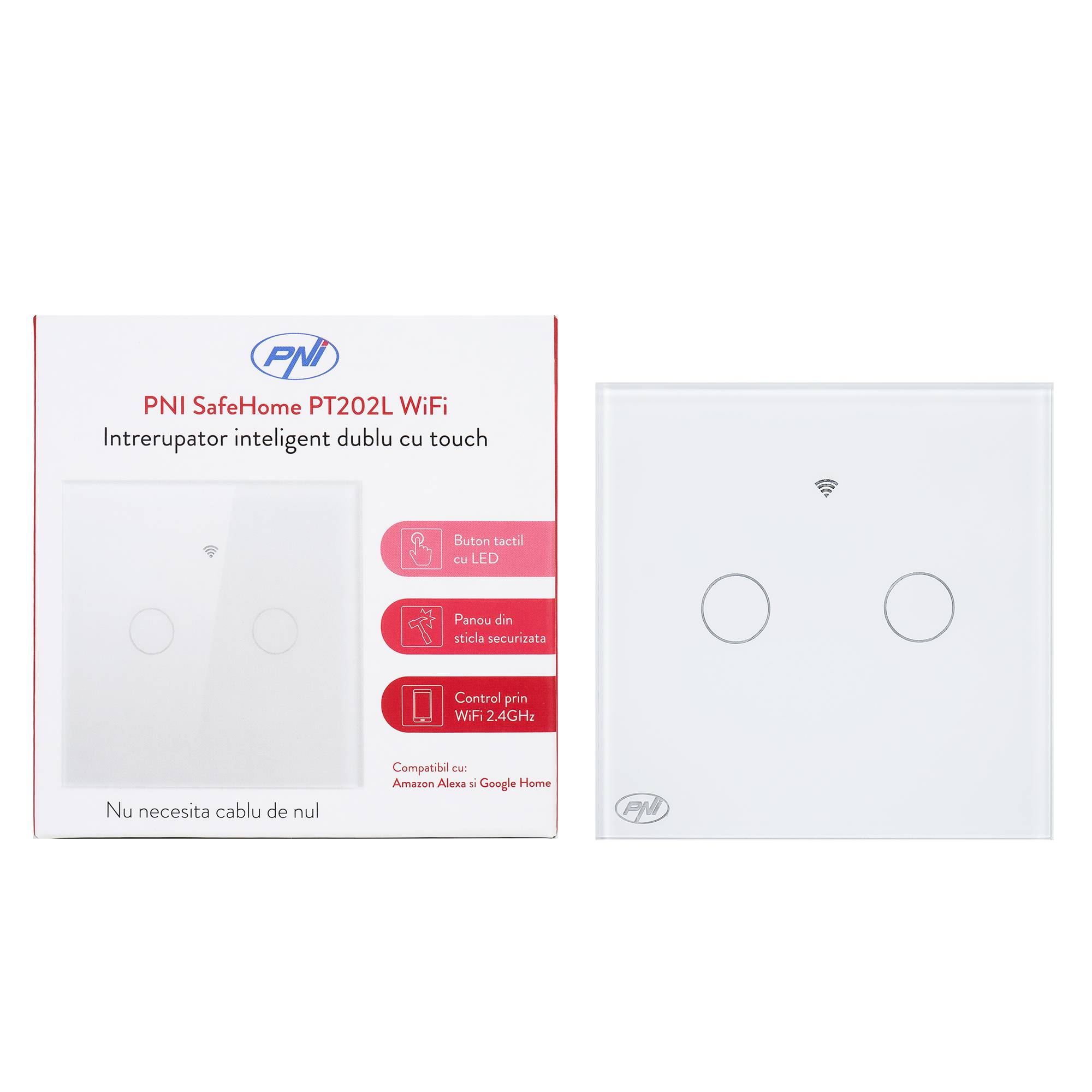 Smart Switch mit PNI SafeHome PT202L WiFi Touch, 10A, Steuerung über Tuya Smart-Anwendung, kompatibel mit Alexa und Google Assistant - Live Wire