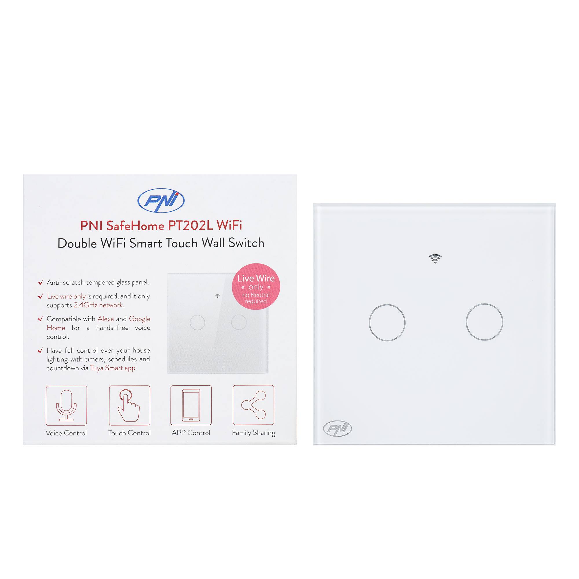 Smart Switch mit PNI SafeHome PT202L WiFi Touch, 10A, Steuerung über Tuya Smart-Anwendung, kompatibel mit Alexa und Google Assistant - Live Wire