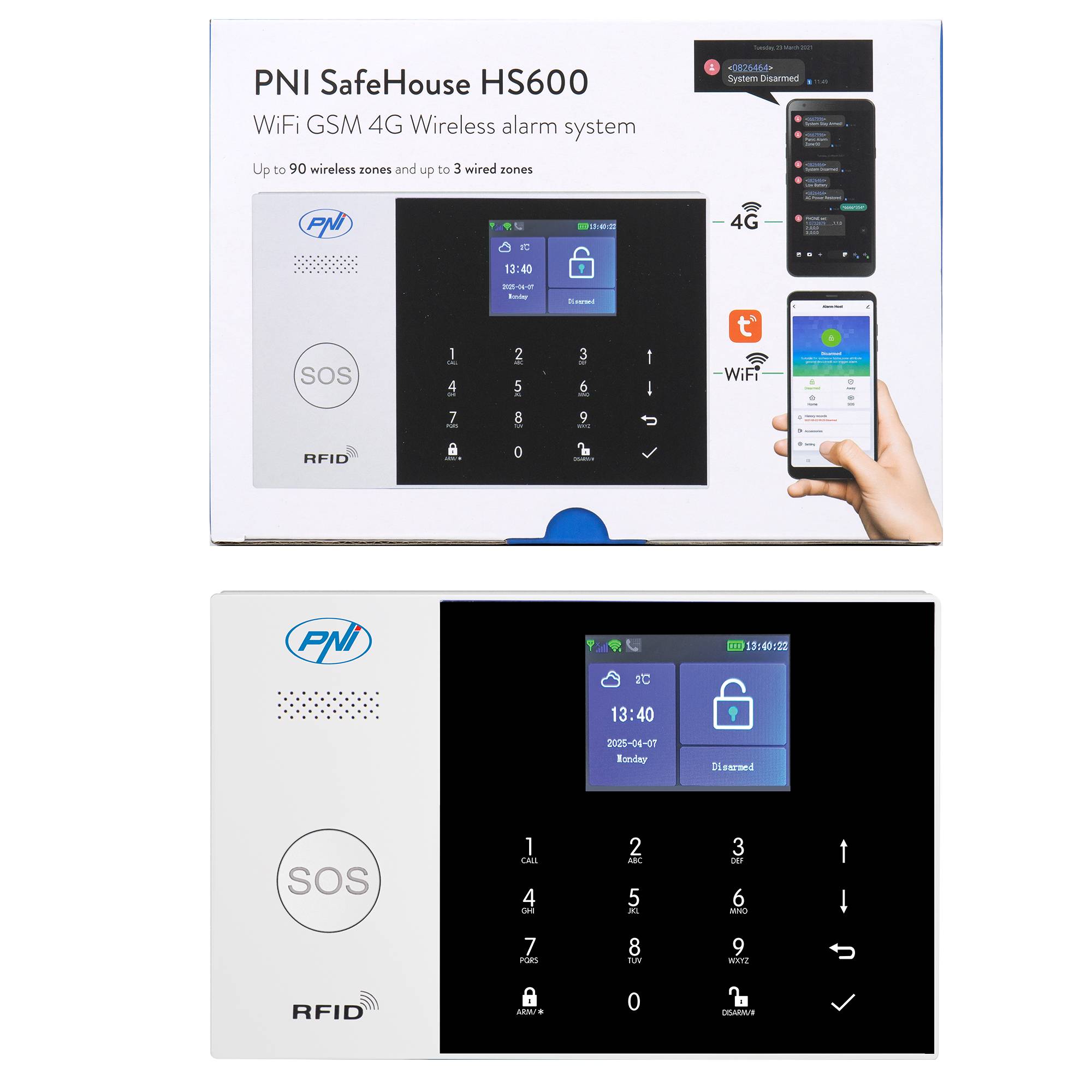 Das drahtlose Alarmsystem PNI SafeHouse HS600 Wifi GSM 4G unterstützt 90 drahtlose Zonen und 3 drahtgebundene Zonen und ist mit der Tuya
