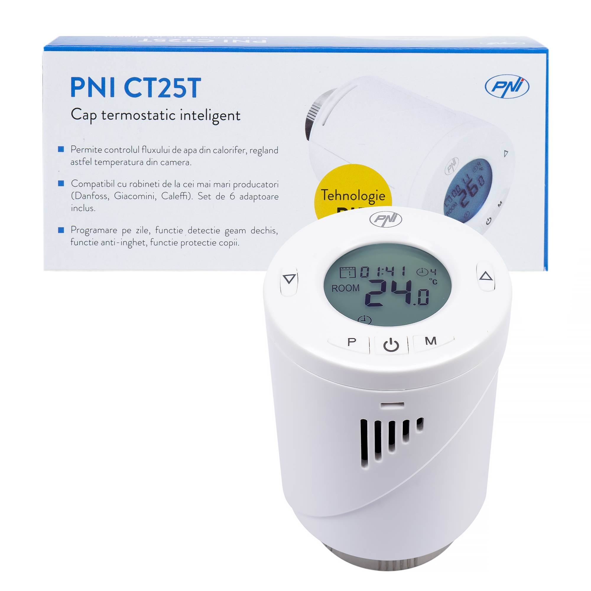 Intelligenter Thermostatkopf PNI CT25T für Kühler, drahtlose Verbindung mit PNI CT25WIFI Hub mit Internetsteuerung, mobile Tuya Smart-Anwendung