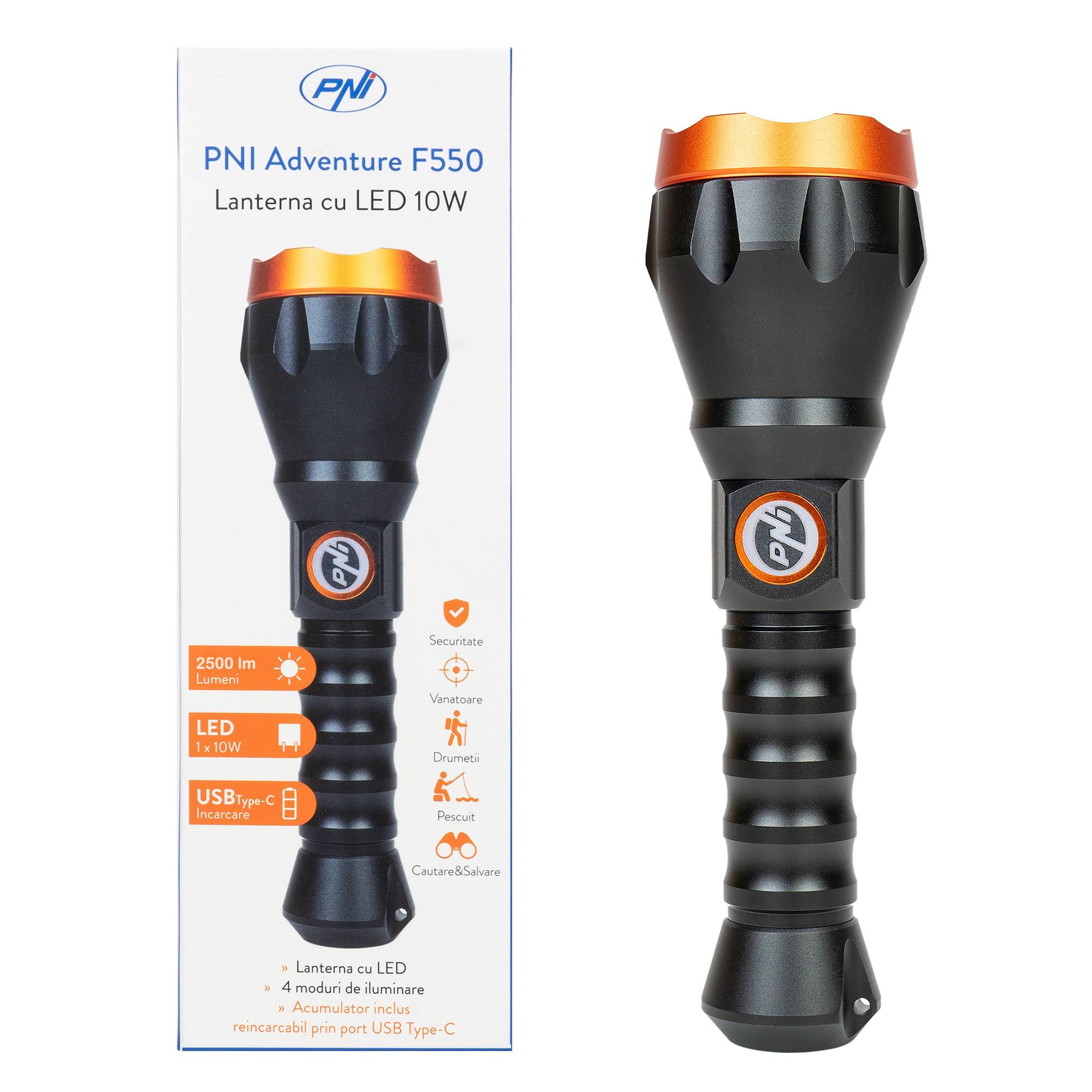 PNI Adventure F550 Crystal LED-Taschenlampe, 10W, Aluminium, 2500lm, bis 700m, IPX6, 4000mAh Akku enthalten, USB Typ-C Aufladung