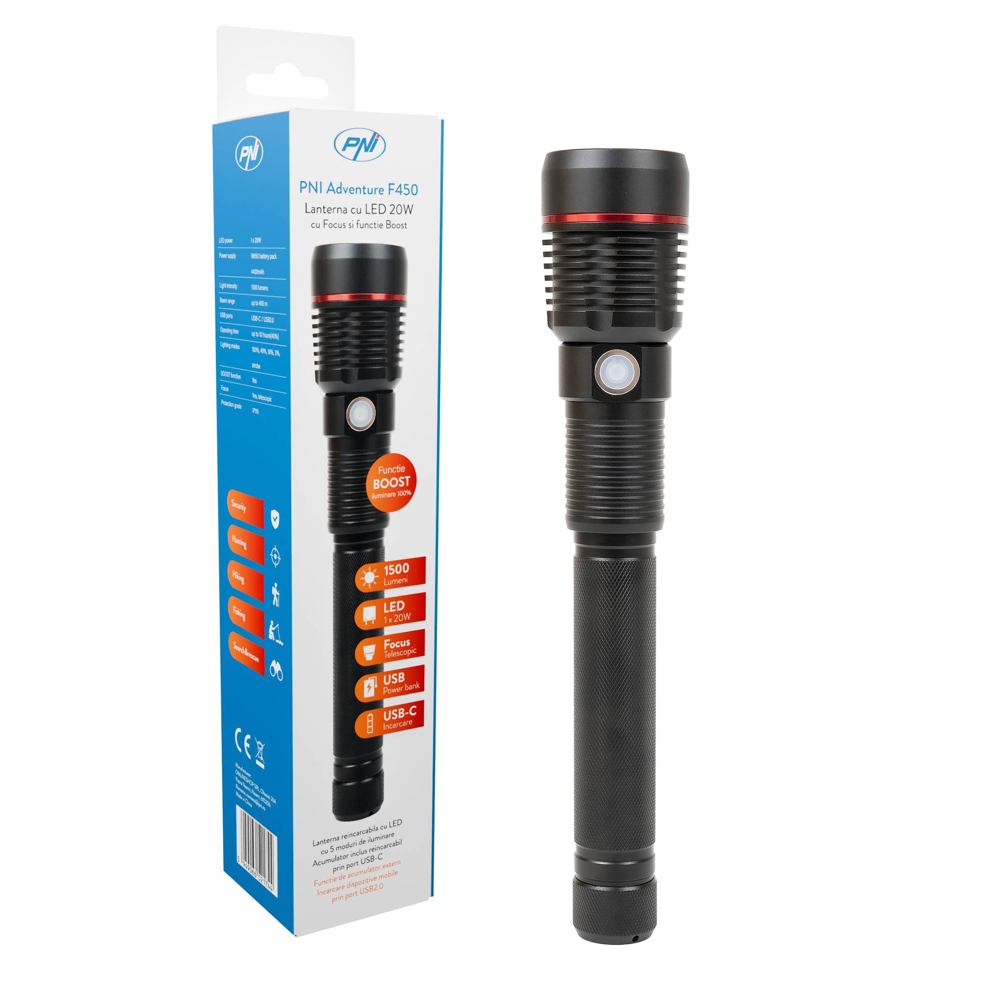 PNI Adventure F450 Aluminium-Taschenlampe mit Fokus und BOOST-Funktion, LED 20 W, 1500 lm bis zu 450 m, IPX5, Powerbank mit USB-Ausgang, Aufladun
