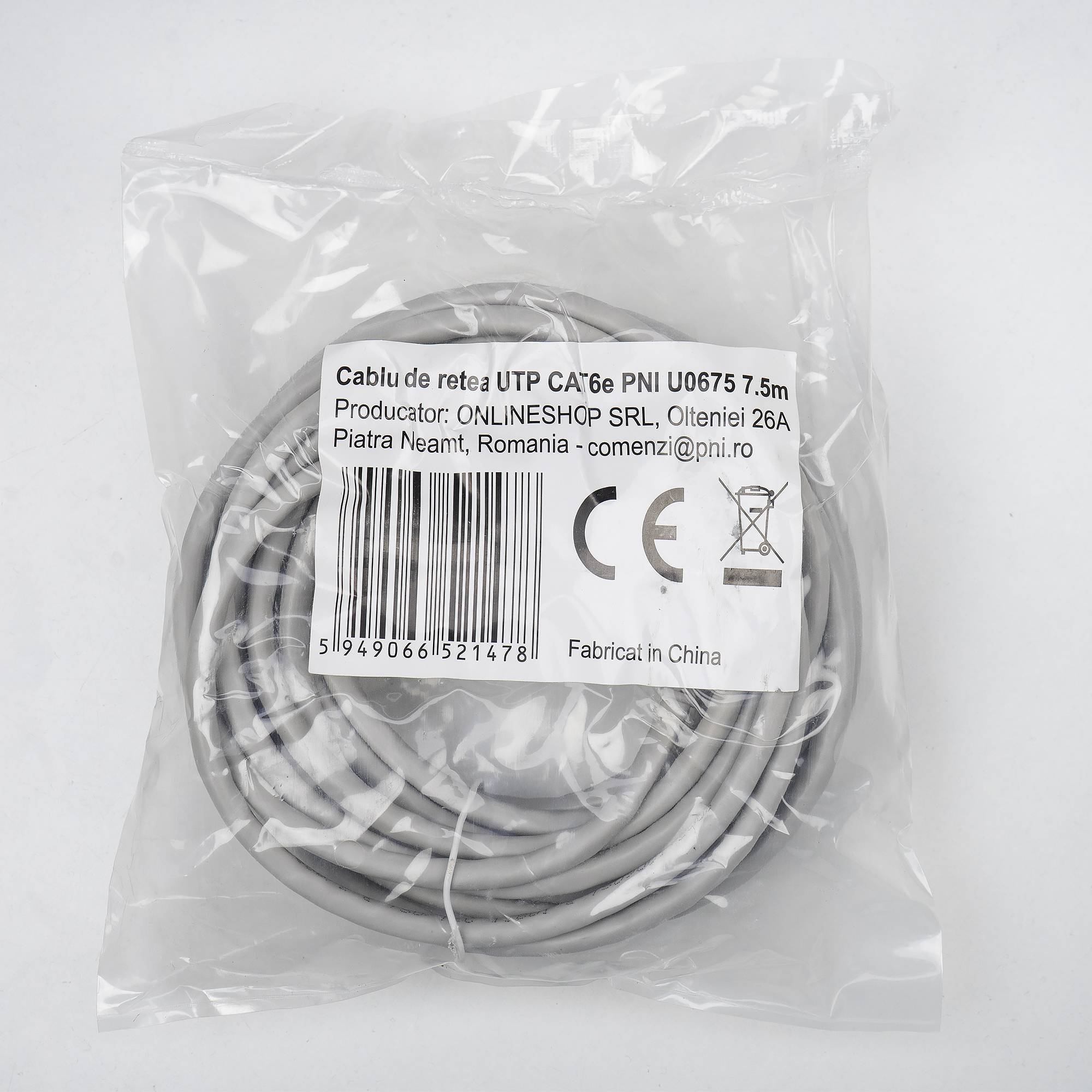 Netzwerkkabel UTP CAT6 PNI U0675, Patchstecker 2xRJ45, 8 Adern x 0,4 mm, 7,5m