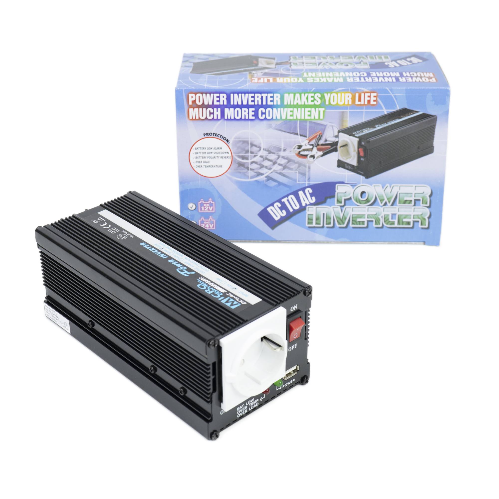 RO: Invertor de tensiune President 400W alimentare 12V, iesire 230V, unda sinus modificata, mufa USB 5V 500mAh, cu clesti alimentare si mufa de