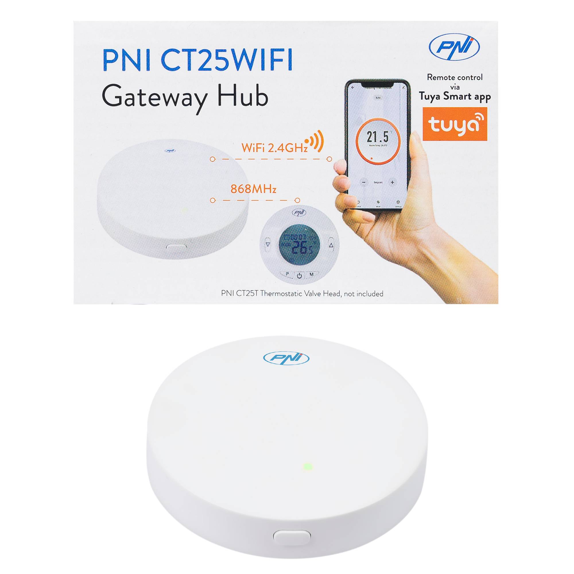 PNI CT25WIFI Internet Hub für den Thermostatkopf PNI CT25T zur Temperaturregelung von Heizkörpern aus der mobilen Tuya Smart-Anwendung, Integration