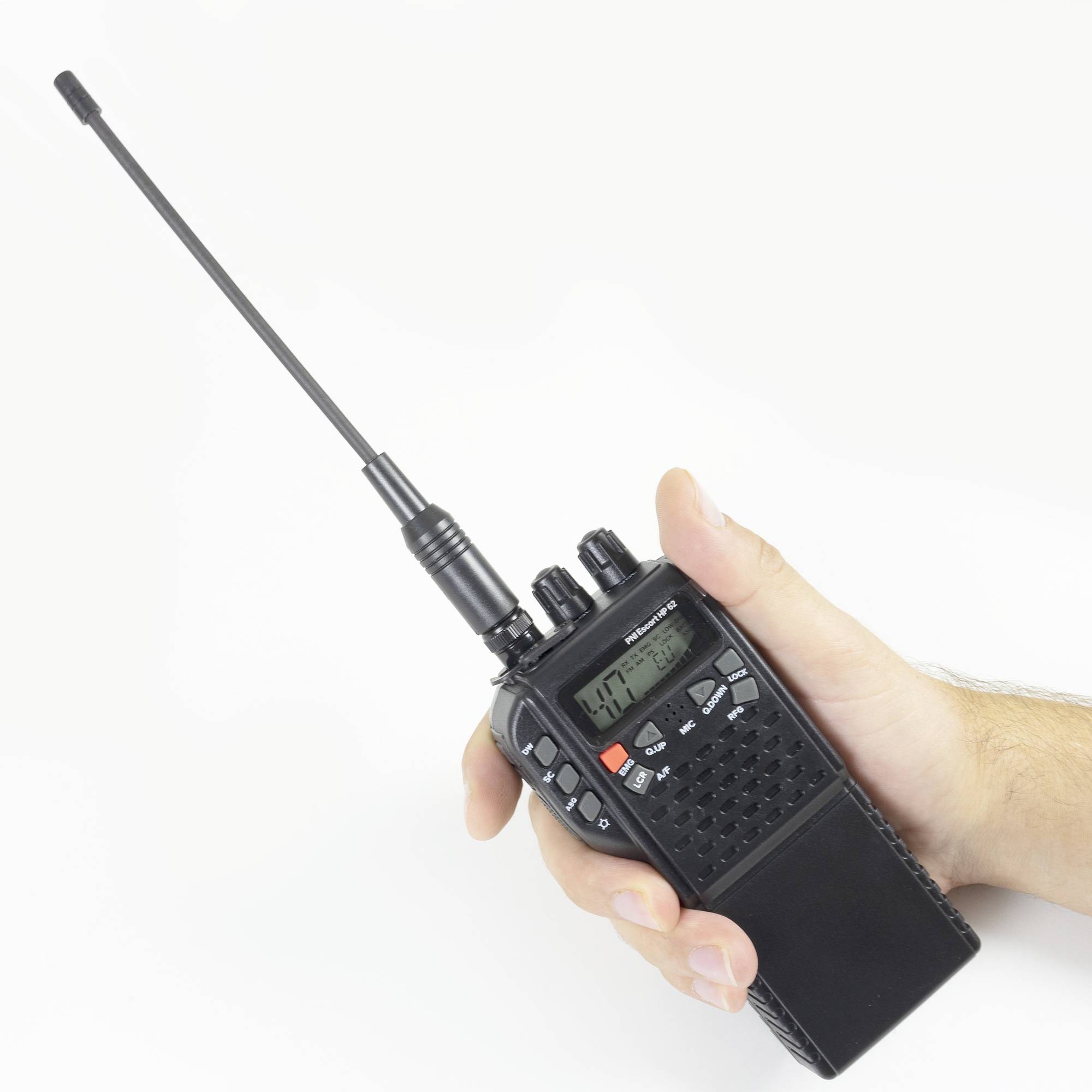 Tragbarer CB-Radiosender PNI Escort HP 62 mit BNC-Antenne und Batteriehalter