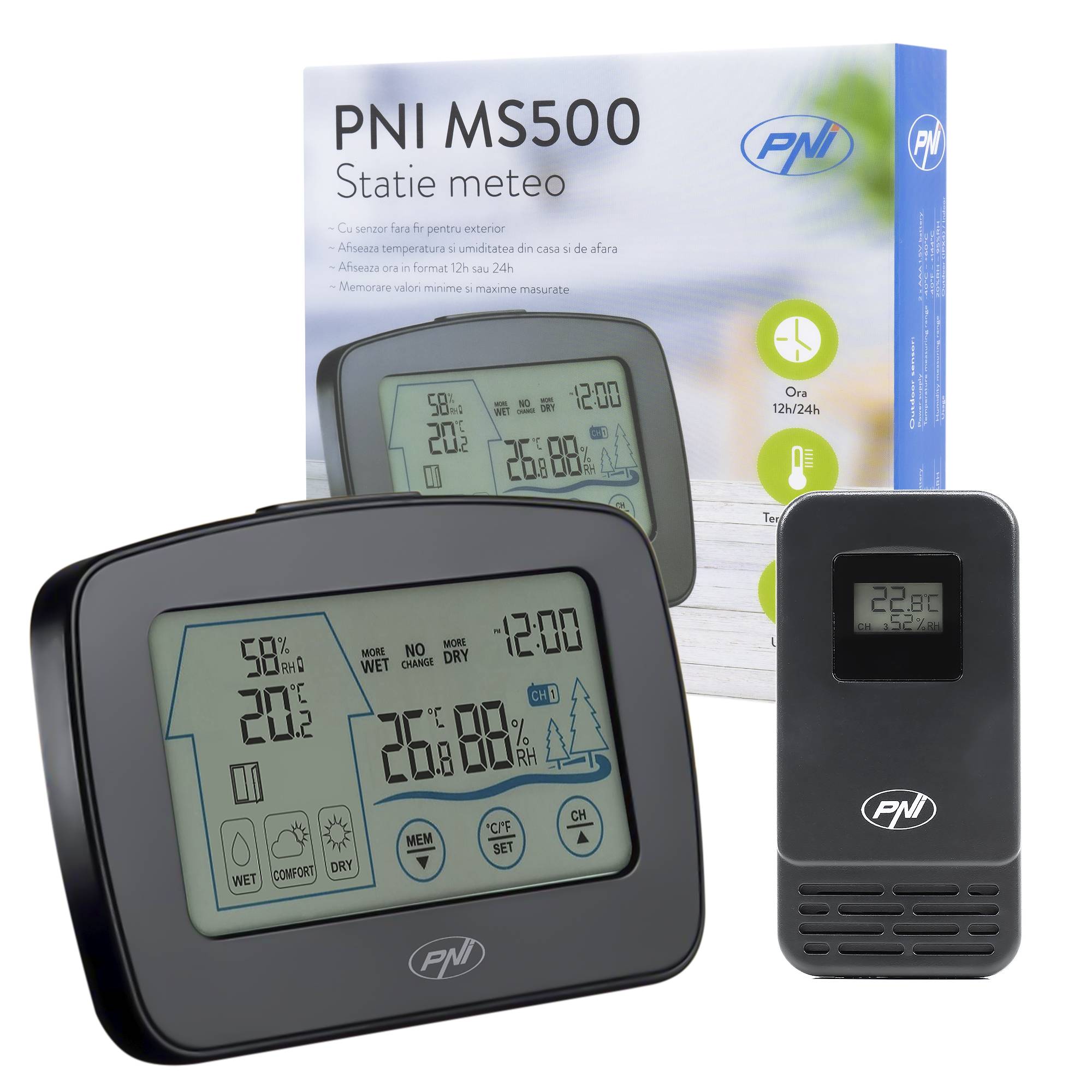 Die Wetterstation PNI MS500 mit drahtlosem externen Sensor zeigt die Temperatur und Luftfeuchtigkeit im Innen- und Außenbereich sowie die