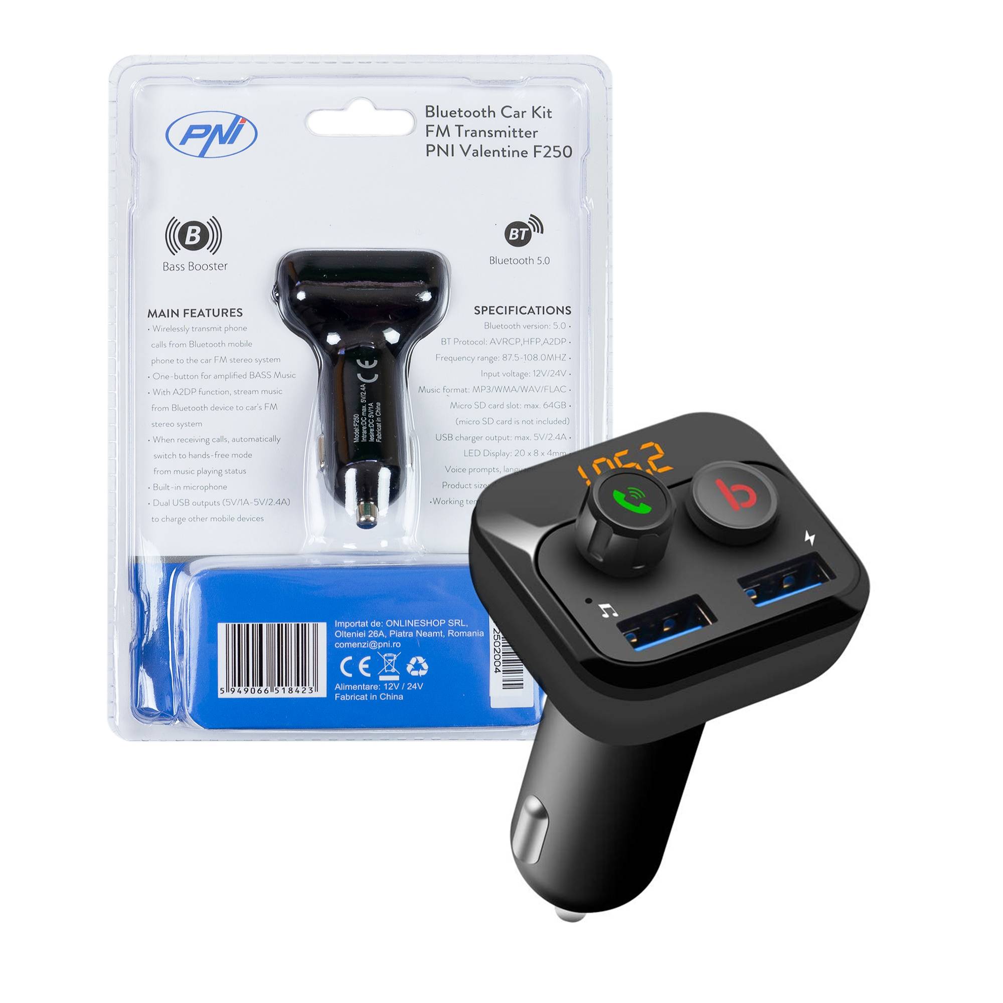 FM-Modulator PNI Valentine F250 Bluetooth 5.0, MP3-Player, FM-Sender, Micro-SD-Steckplatz, doppelter USB-Anschluss, schnelles Aufladen de
