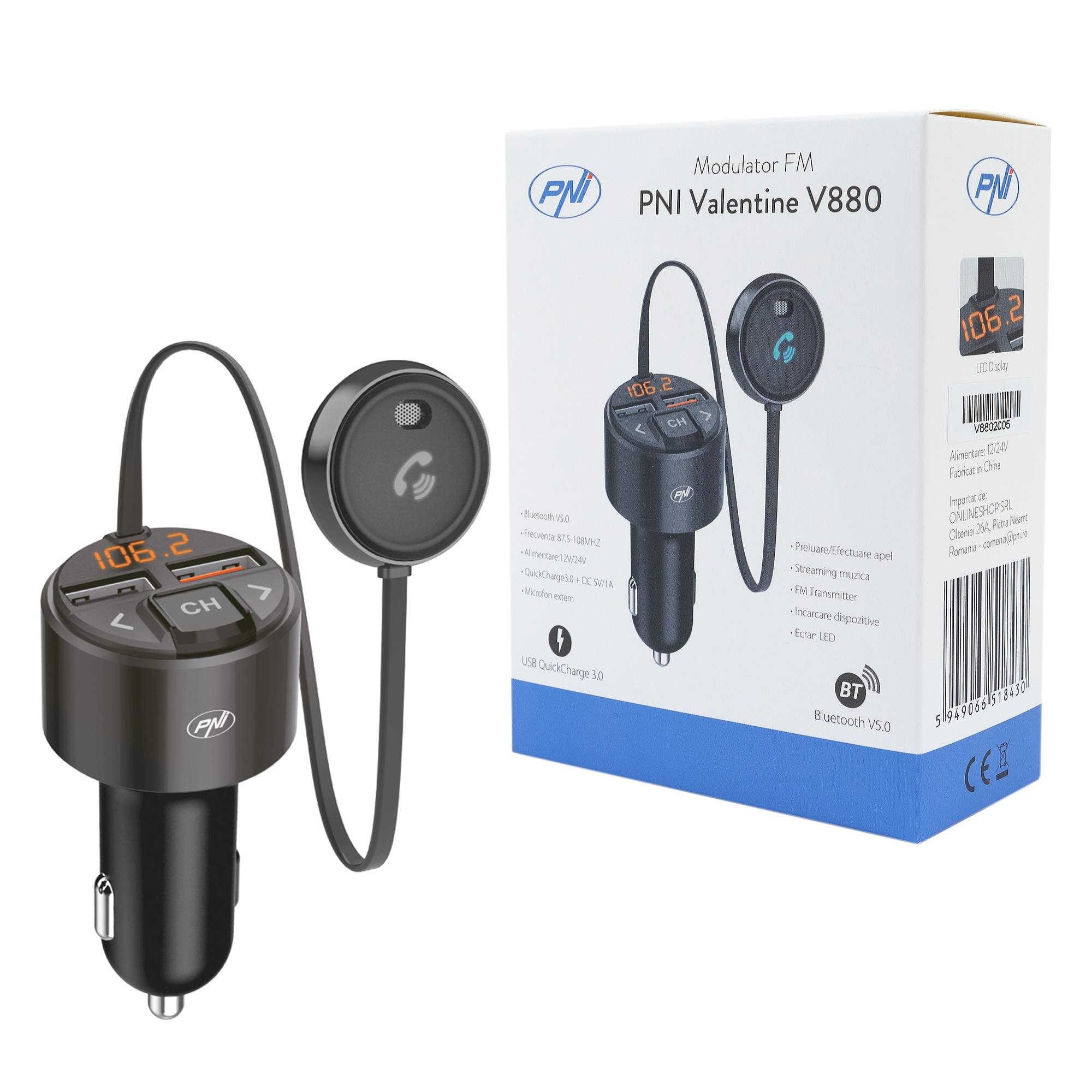 FM PNI Valentine V880-Modulator mit Mikrofon, Bluetooth 5.0, MP3-Player, FM-Sender, doppeltem USB-Anschluss, schnellem Laden von Mobilgeräten über