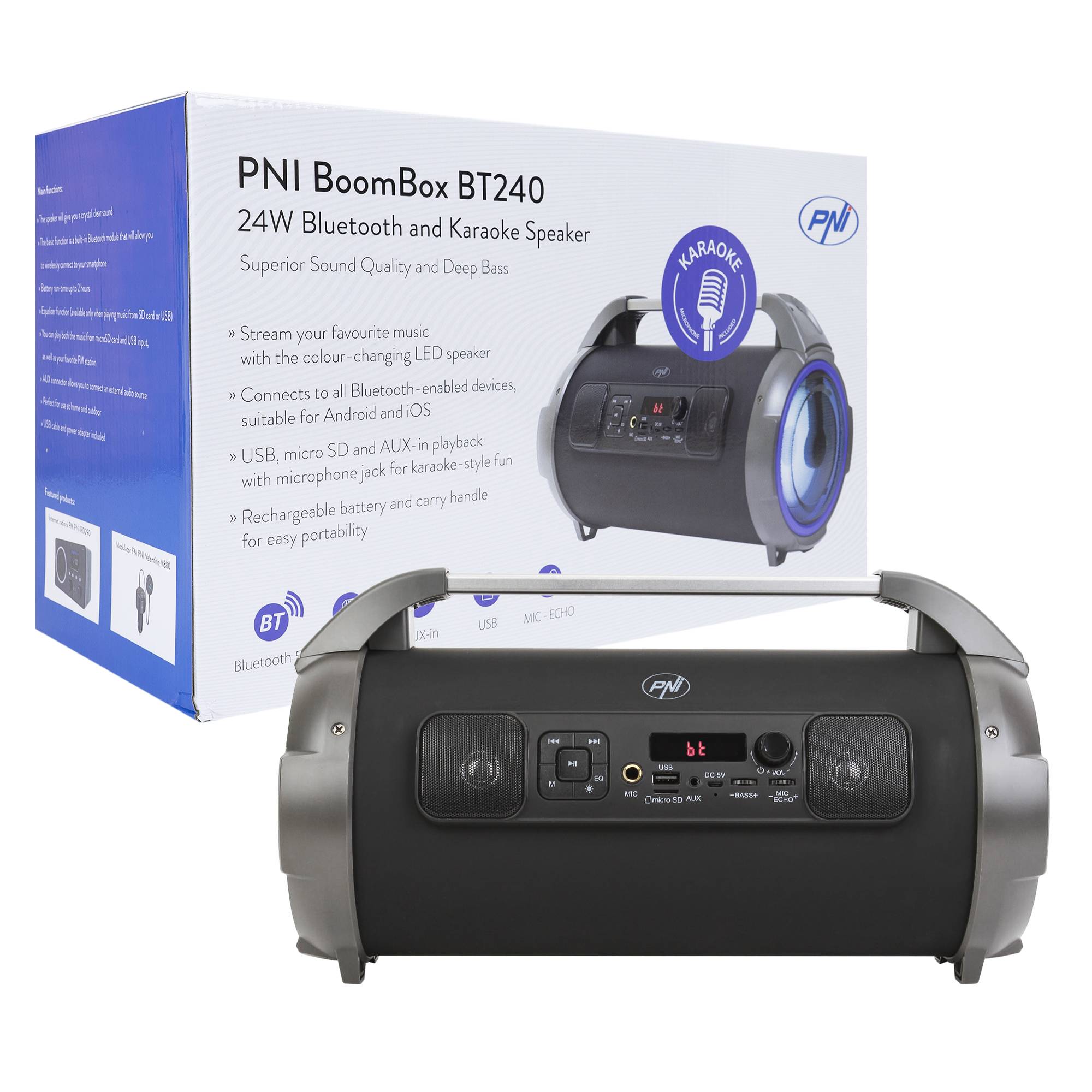 PNI BoomBox BT240 Stereo, tragbarer 24-W-Lautsprecher, mit Bluetooth, USB, Micro-SD-Kartensteckplatz, UKW-Radio, 3,5-mm-AUX, Karaoke-Funktion