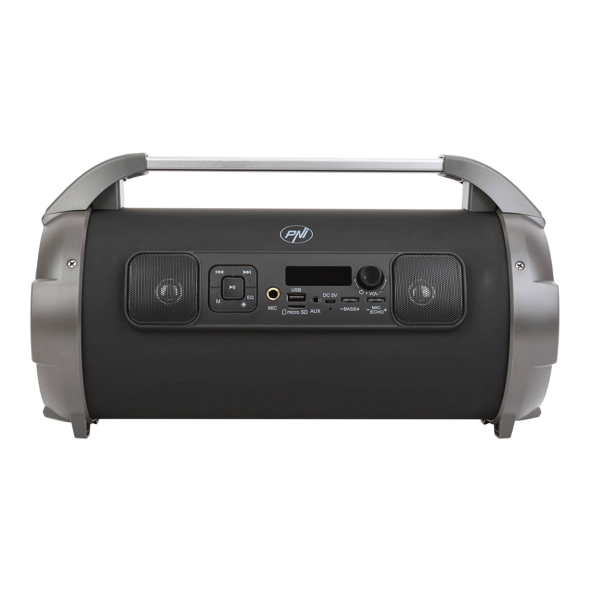 PNI BoomBox BT240 Stereo, tragbarer 24-W-Lautsprecher, mit Bluetooth, USB, Micro-SD-Kartensteckplatz, UKW-Radio, 3,5-mm-AUX, Karaoke-Funktion