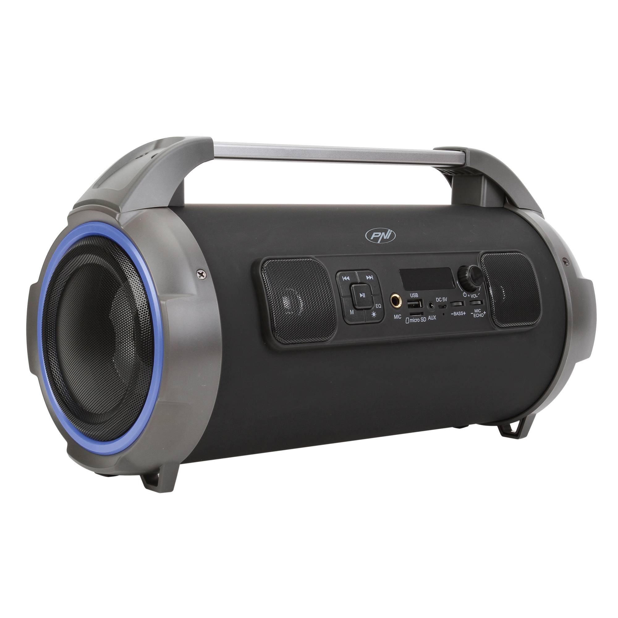 PNI BoomBox BT240 Stereo, tragbarer 24-W-Lautsprecher, mit Bluetooth, USB, Micro-SD-Kartensteckplatz, UKW-Radio, 3,5-mm-AUX, Karaoke-Funktion