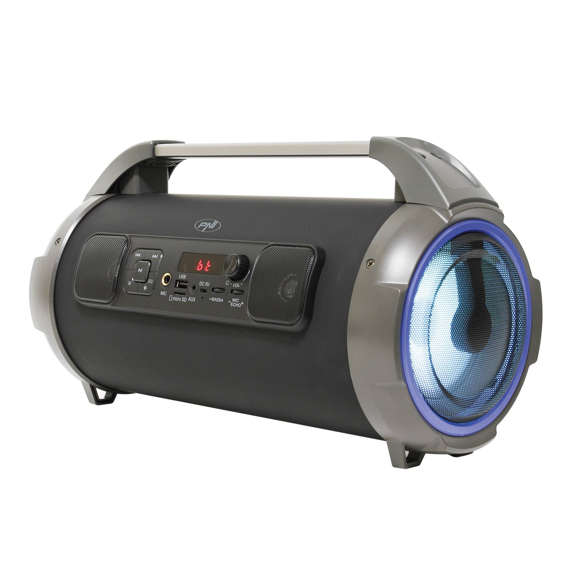 PNI BoomBox BT240 Stereo, tragbarer 24-W-Lautsprecher, mit Bluetooth, USB, Micro-SD-Kartensteckplatz, UKW-Radio, 3,5-mm-AUX, Karaoke-Funktion