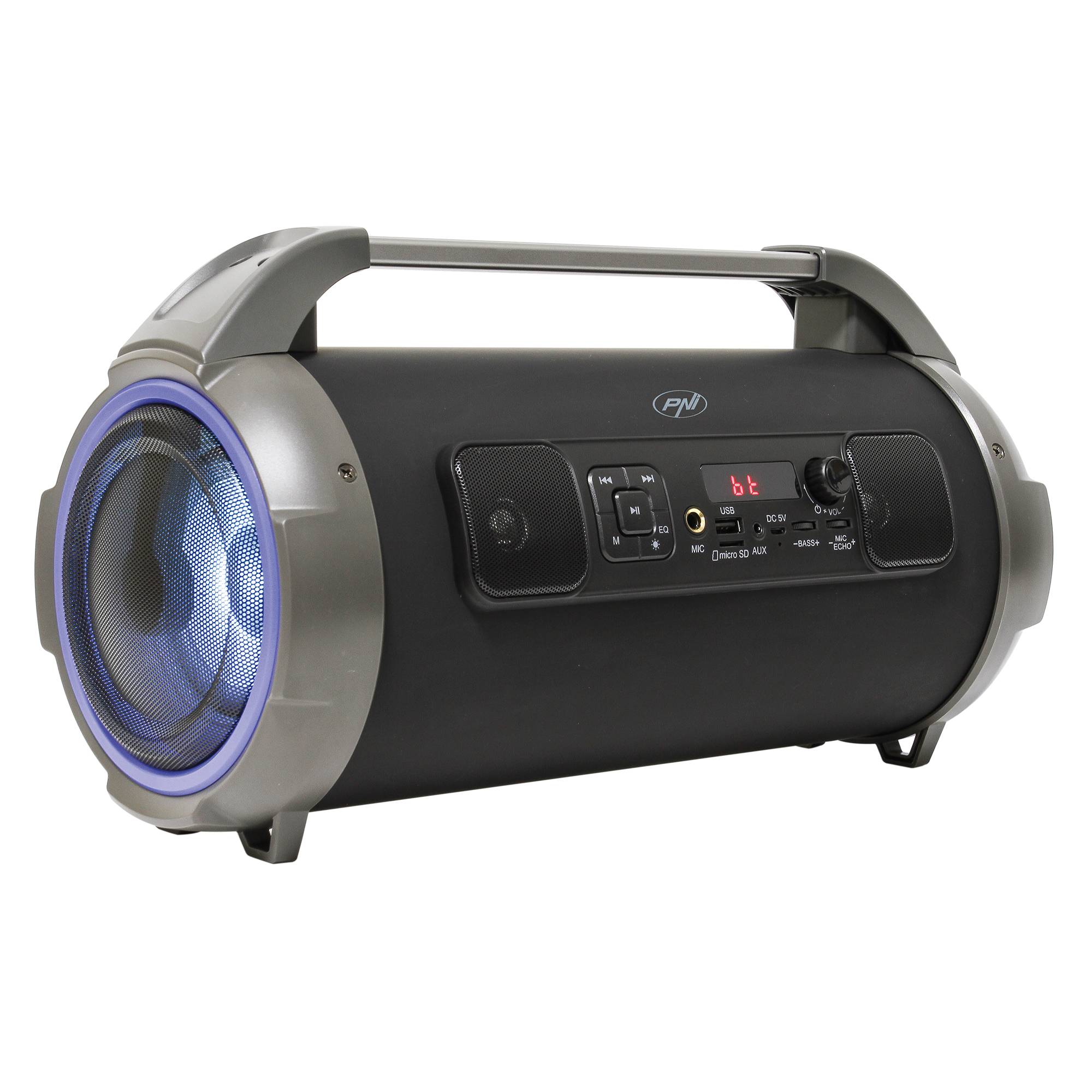 PNI BoomBox BT240 Stereo, tragbarer 24-W-Lautsprecher, mit Bluetooth, USB, Micro-SD-Kartensteckplatz, UKW-Radio, 3,5-mm-AUX, Karaoke-Funktion