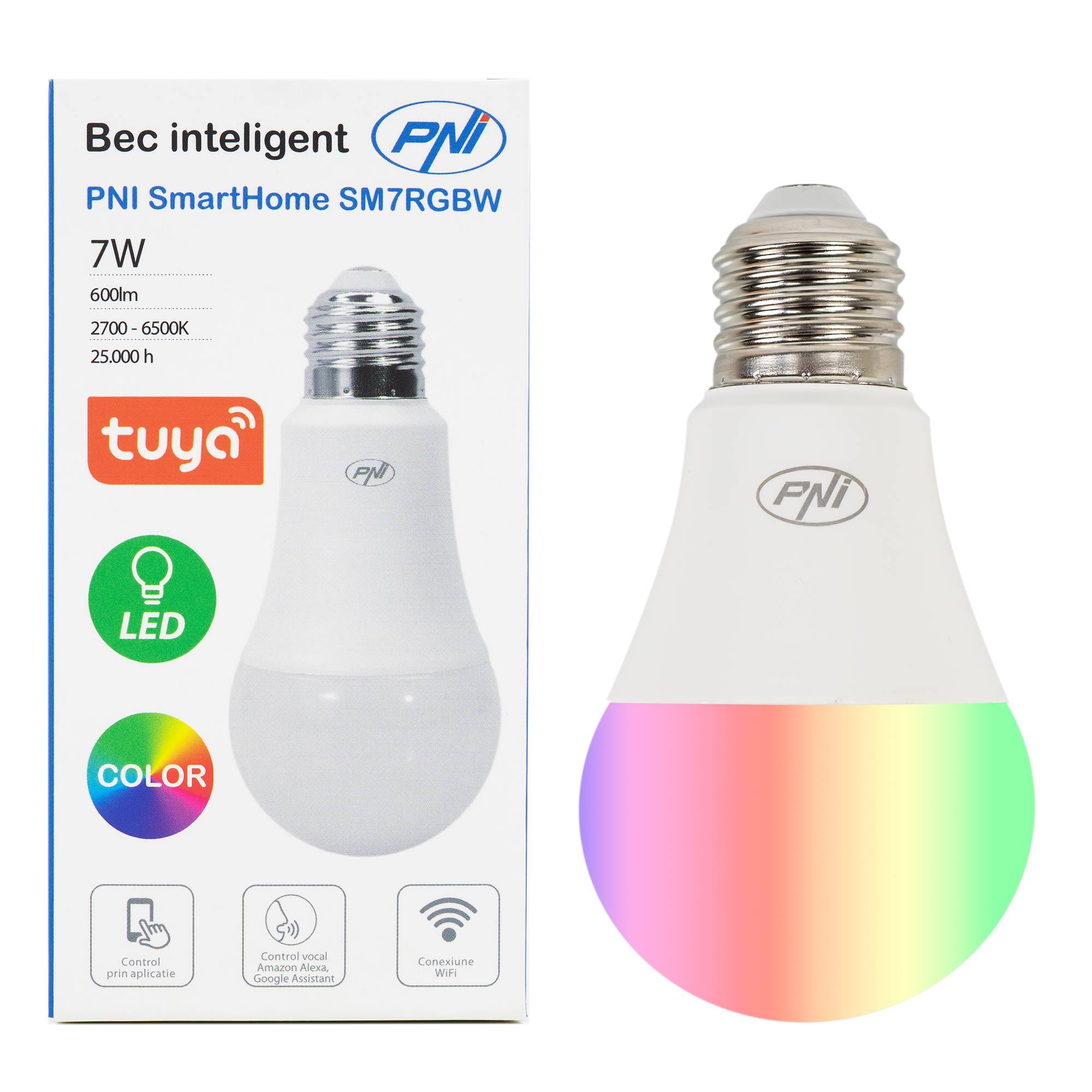 PNI SmartHome SM7RGBW E27 LED-Smart-Glühbirne, 7 W, einstellbares RGBW-Licht, WLAN-programmierbar, Internetsteuerung, Tuya Smart App, kompatibel mit