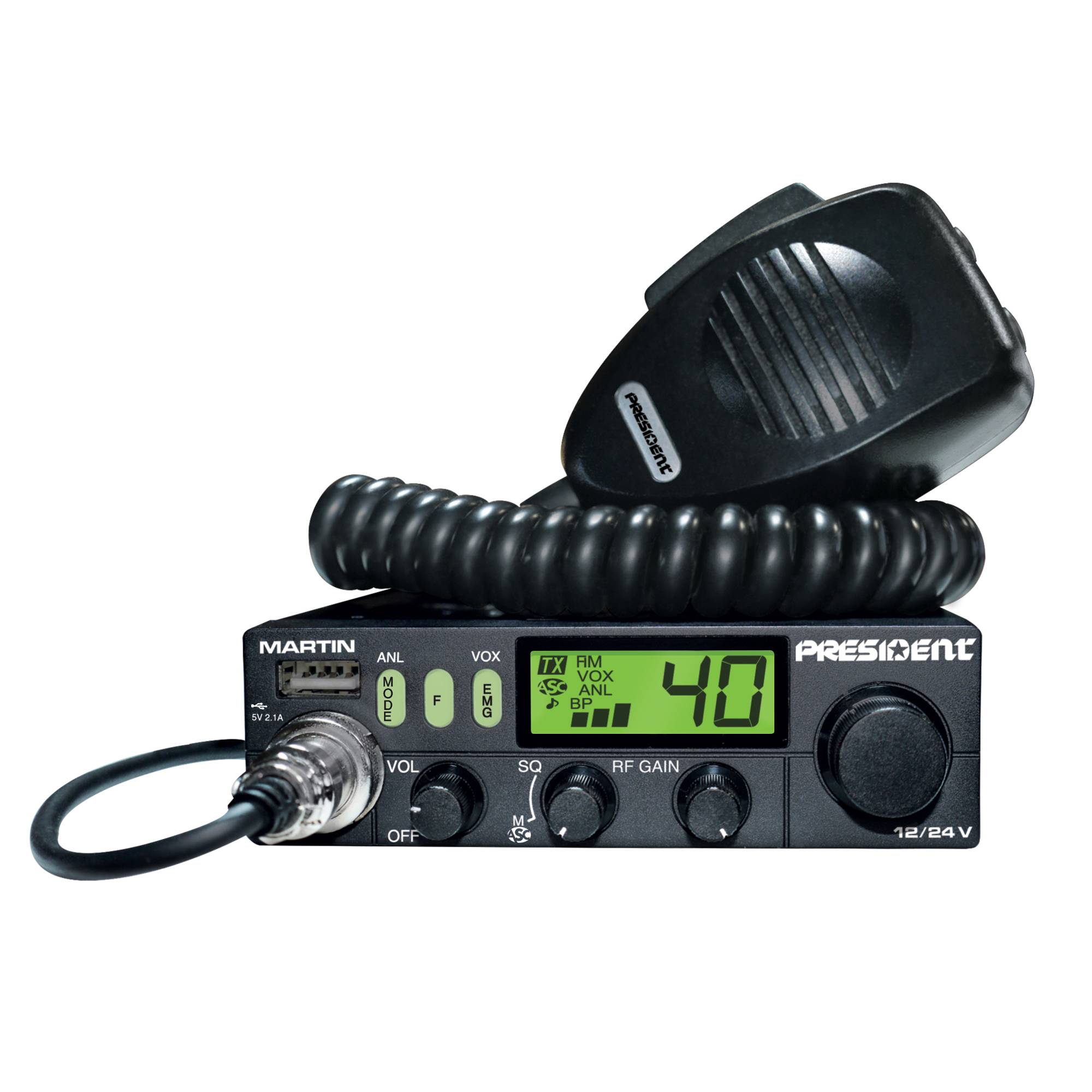 RO: Statie radio CB President MARTIN ASC, Roger Beep, Scan, ANL Filter, 4W, 12V/24V cu Display multicolor