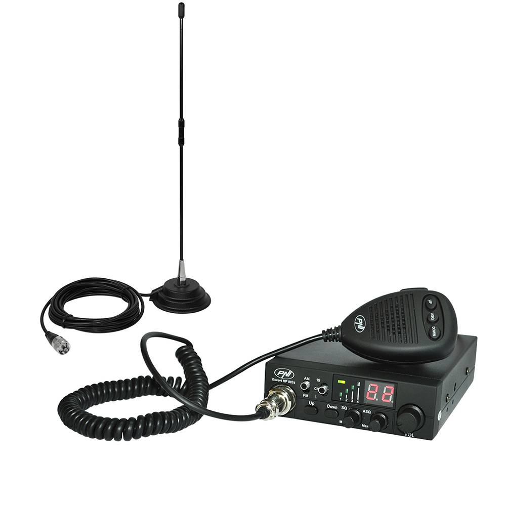 CB PNI ESCORT HP 8024 ASQ-Radiosenderpaket, 4 W, AM-FM, 12/24 V + CB PNI Extra 40-Antenne mit 5 bis 7 km Magnet