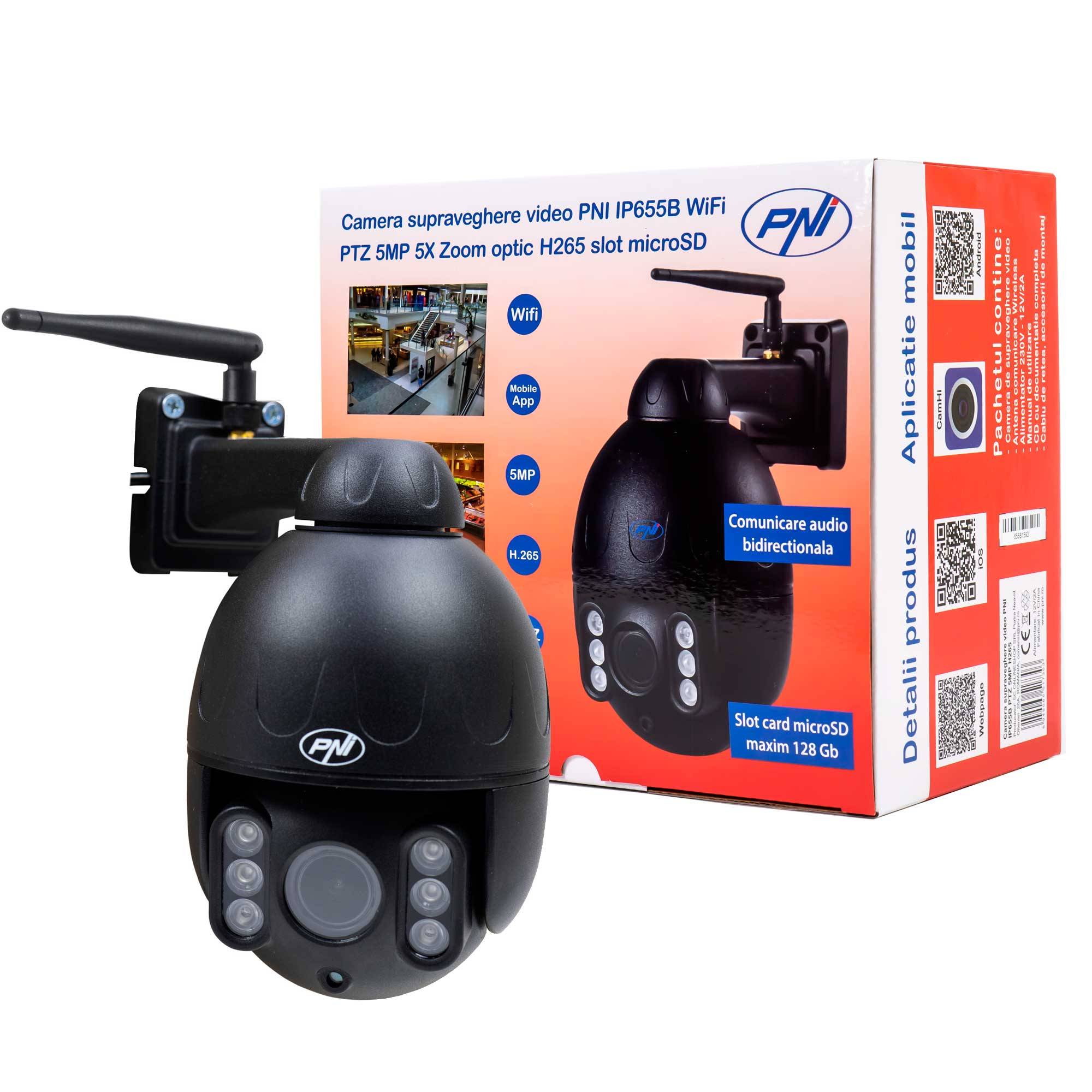 Videoüberwachungskamera PNI IP655B 5MP WiFi PTZ 5X H265 optischer Zoom, microSD-Steckplatz, Standalone, Nachtsicht 50m IP66 Bewegungserkennungsalarm
