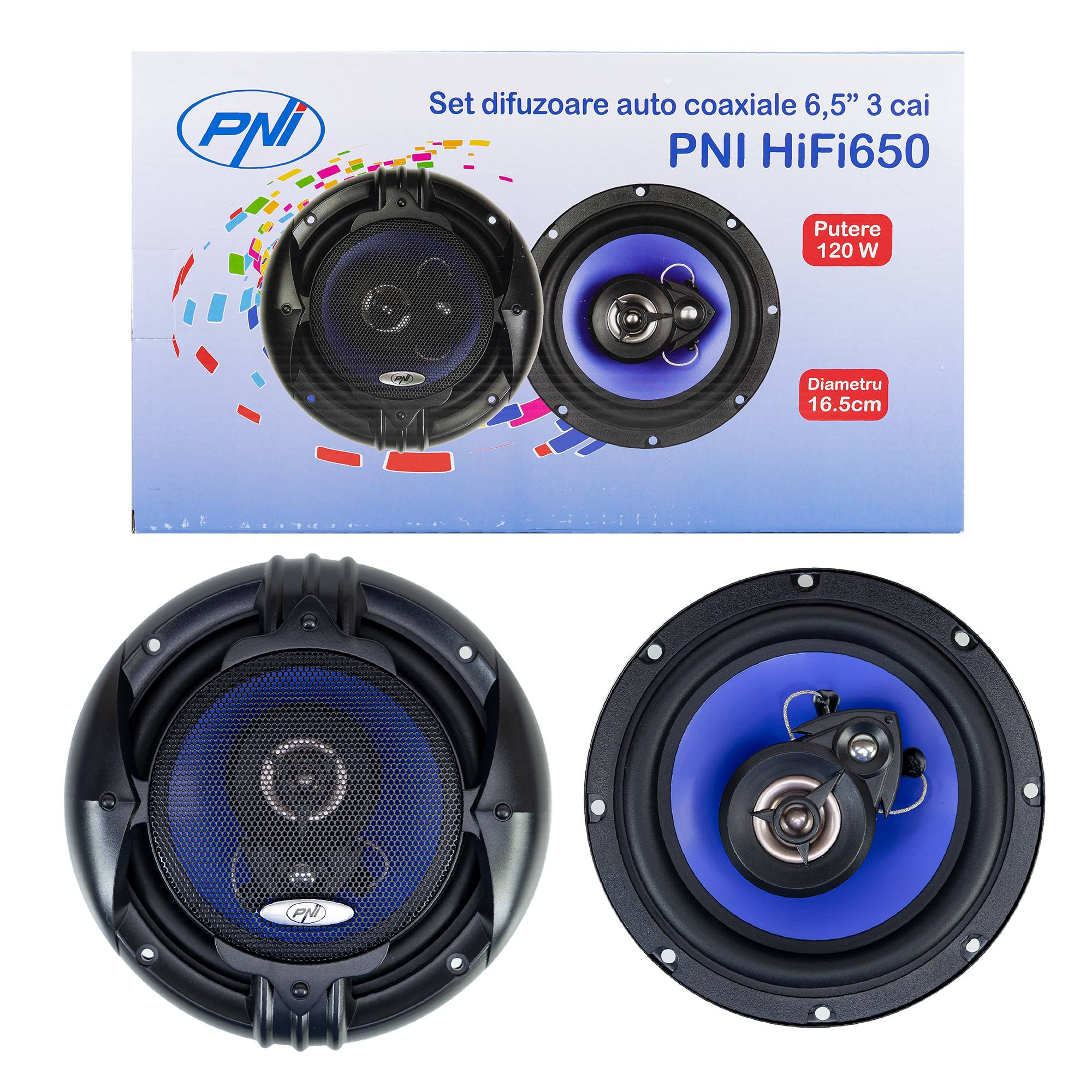 Koaxiale Autolautsprecher PNI HiFi650, 120 W, 16,5 cm, 3-Wege, Gitter inklusive Set 2-tlg
