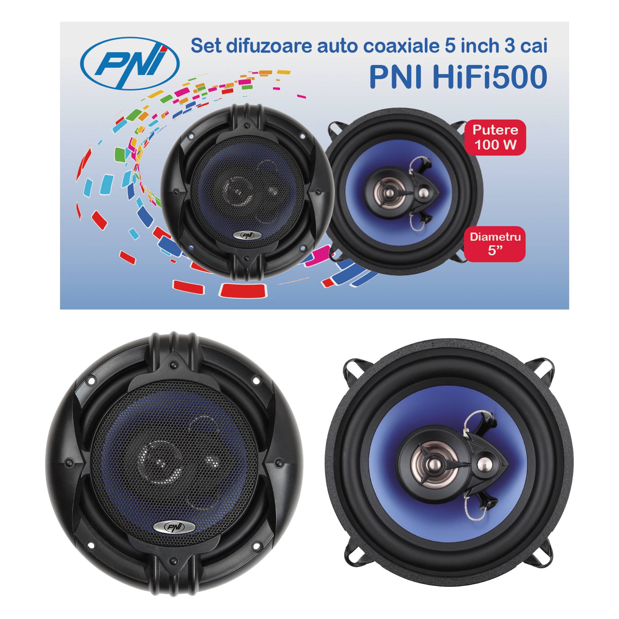 PNI HiFi500-Koaxiallautsprecher, 100 W, 12,7 cm, 3-Wege, 2er-Set