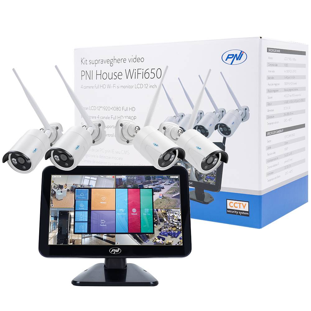 Videoüberwachungskit PNI House WiFi650 - 4 Full-HD-P2P-Wi-Fi-Geräte und 12-Zoll-LCD-Monitor