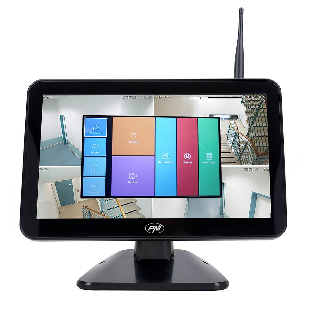 Videoüberwachungskit PNI House WiFi650 - 4 Full-HD-P2P-Wi-Fi-Geräte und 12-Zoll-LCD-Monitor