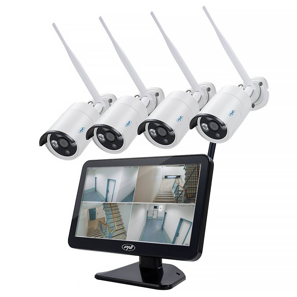 Videoüberwachungskit PNI House WiFi650 - 4 Full-HD-P2P-Wi-Fi-Geräte und 12-Zoll-LCD-Monitor
