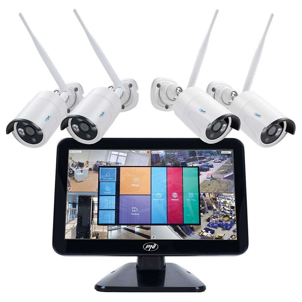 Videoüberwachungskit PNI House WiFi650 - 4 Full-HD-P2P-Wi-Fi-Geräte und 12-Zoll-LCD-Monitor