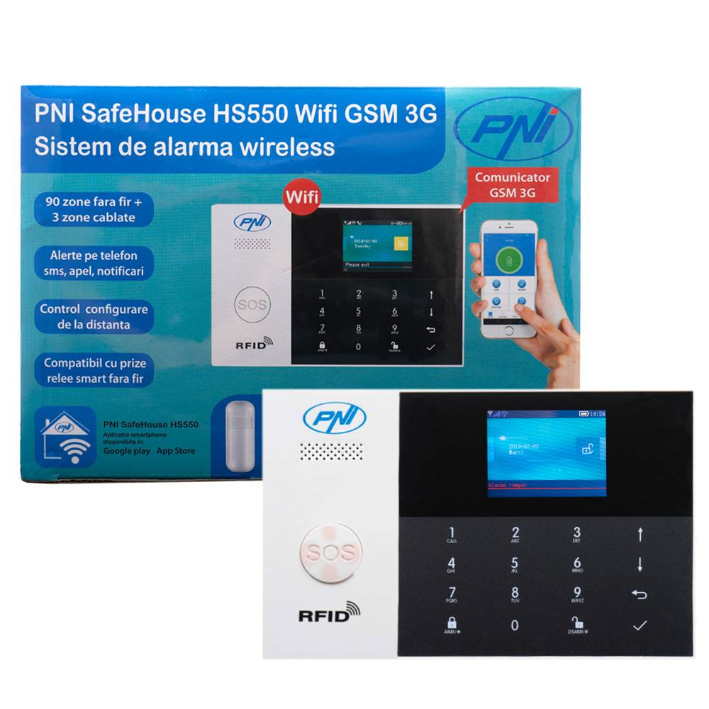 PNI SafeHouse HS550 Wifi GSM 3G-Funkalarmsystem mit Überwachung und Alarmierung über Internet, SMS, Sprachanruf, maximal 90 Funkzonen und 3 kabelgeb