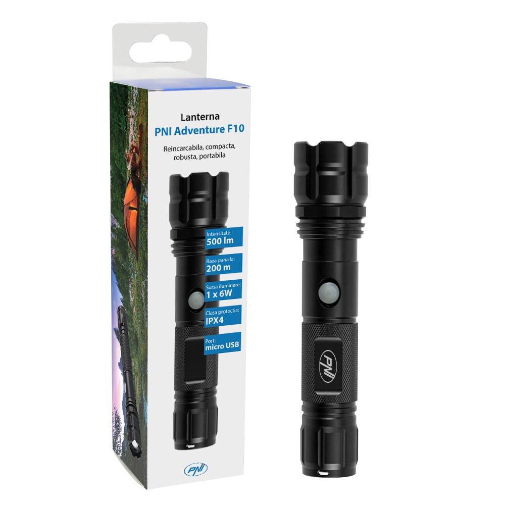 PNI Adventure F10 Aluminium-Taschenlampe mit 1x6W LED, 500lm bis 200m Fokus, mit Akku und USB-C-Anschluss