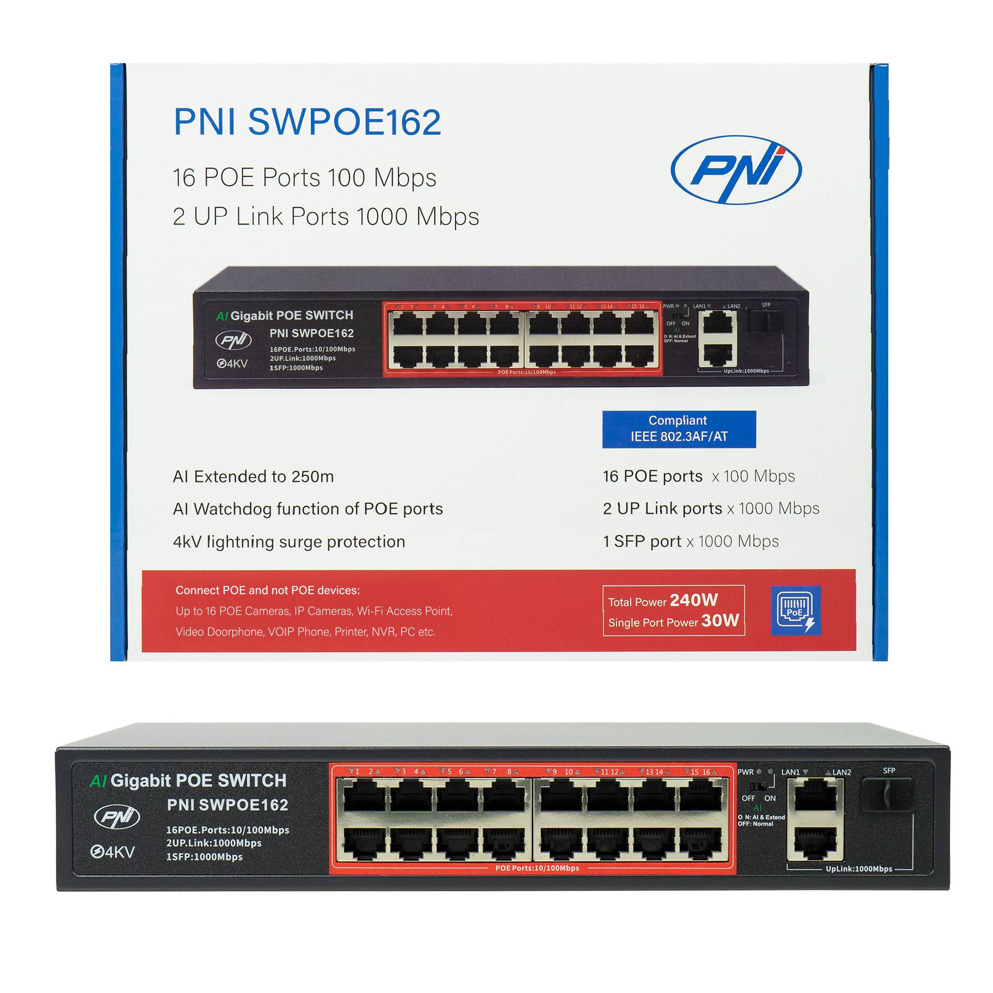 Switch POE PNI SWPOE16 mit 16 10 / 100Mbps-Ports und 2 10/100 / 1000Mbps-Ports